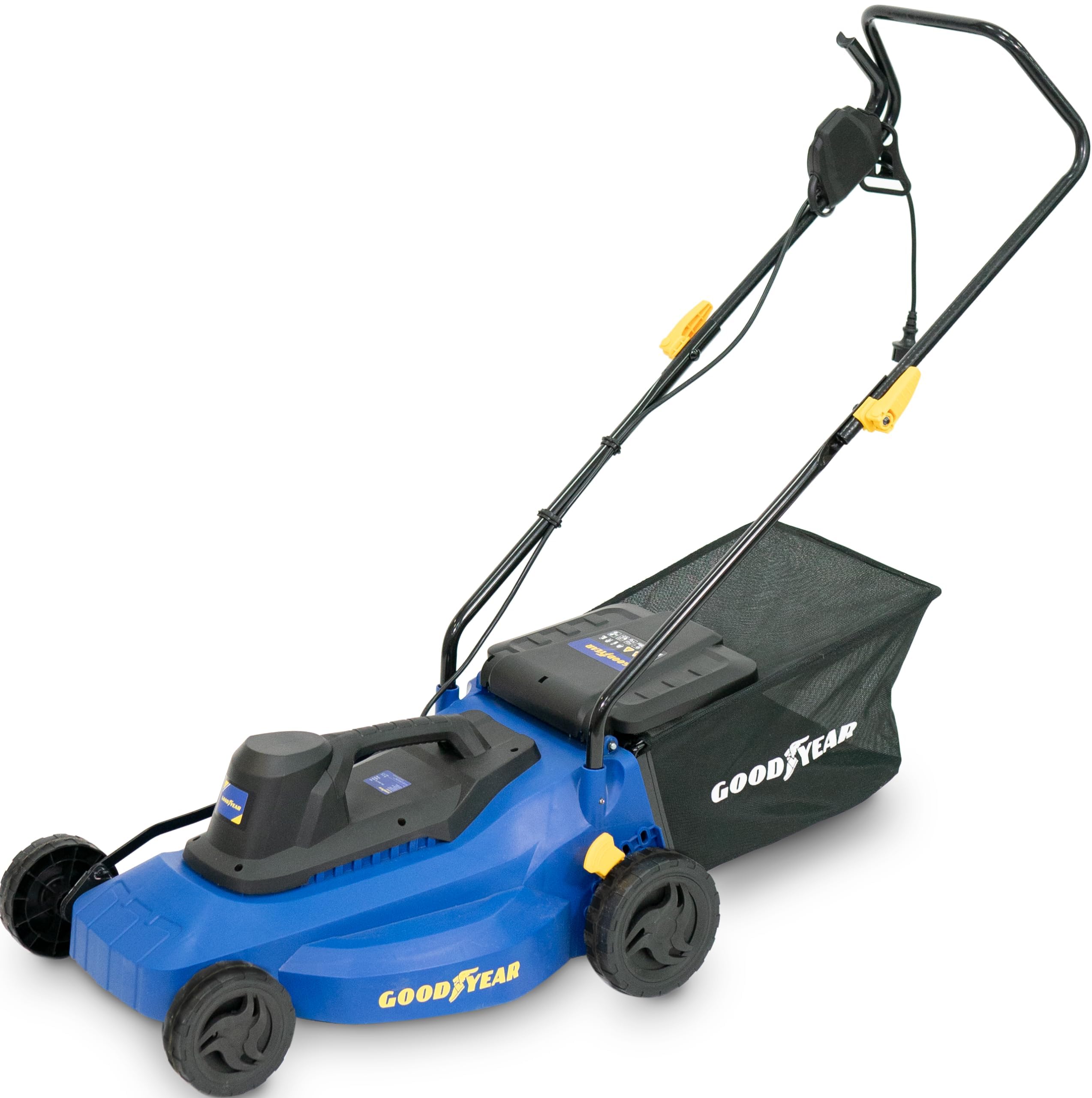 Goodyear - Tosaerba elettrico da 1200 W, larghezza di taglio 32 cm, altezza regolabile 25/​45/​65 mm, sacco da 35 l, motore da 3300 giri/​min, leggero e compatto, non semovente