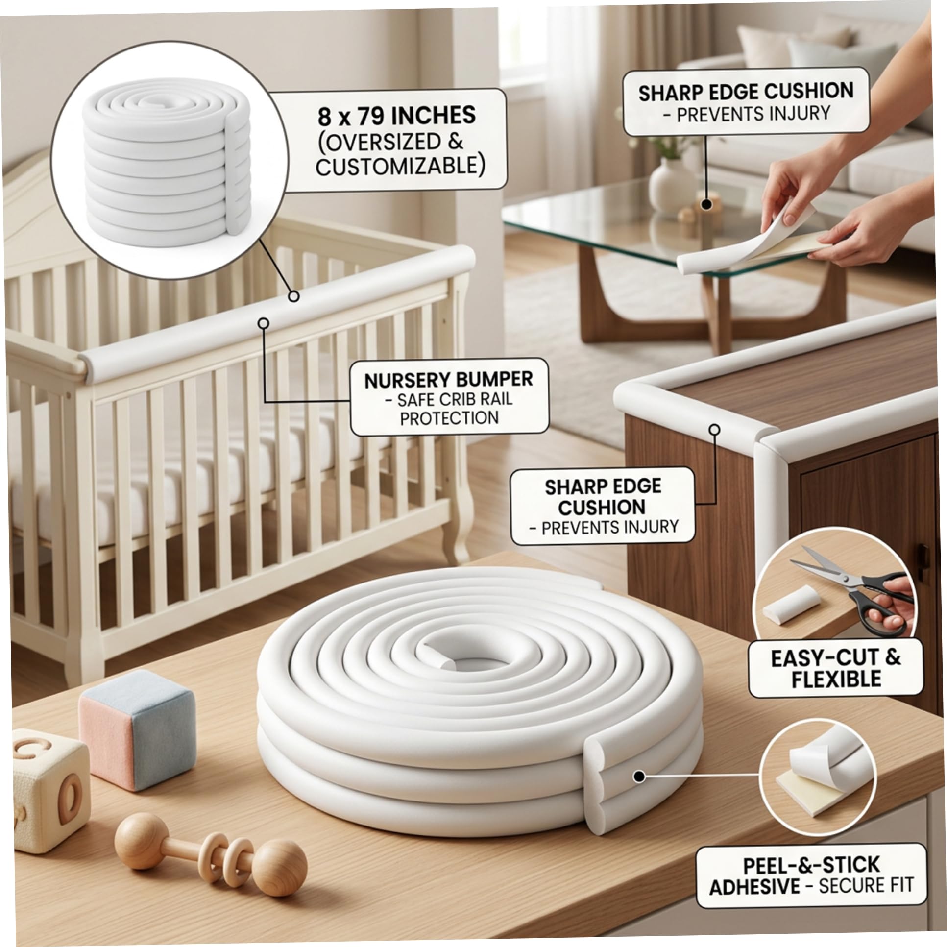 Protezione Angoli in Schiuma, Protezione Angoli Anti Collisione in PVC Addensato 40x200 cm per Bambini, Cuscinetti Angolari Morbidi per Mobili da Tavolo a Parete (Bianco)