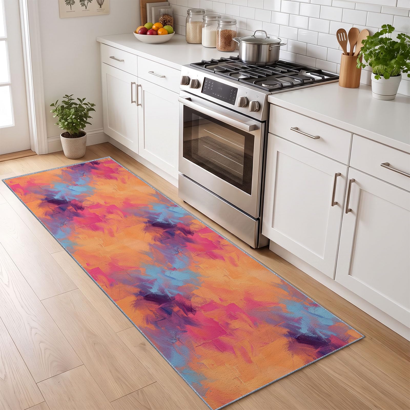 Teppich Läufer Flur 80x150 cm, Minimalistisch Chic Waschbar Teppich Bunt