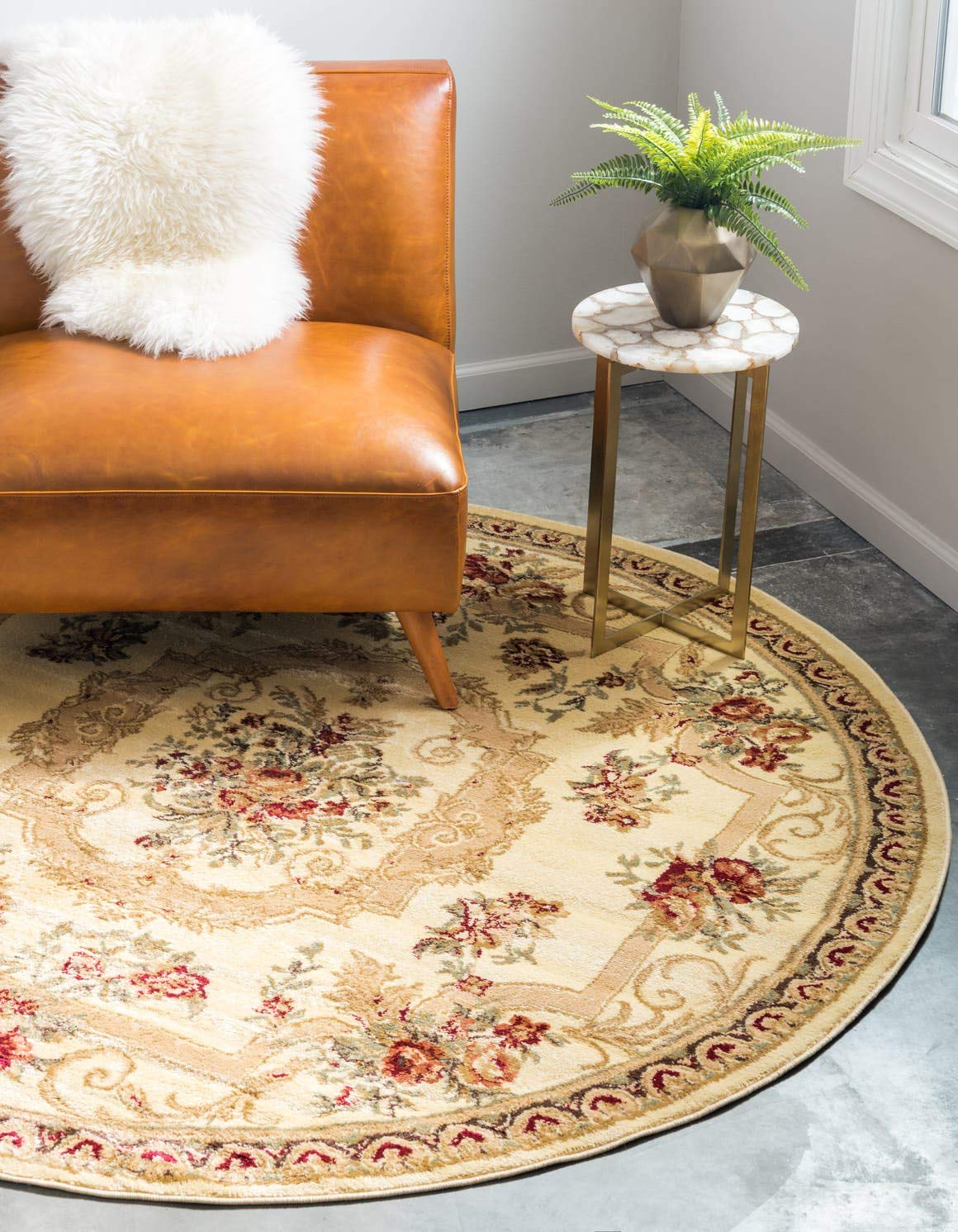 Unique Loom Versailles Collection Traditional Classic Floral Motif Area Rug (6' 0 x 6' 0 Round, Ivory/ Tan)
