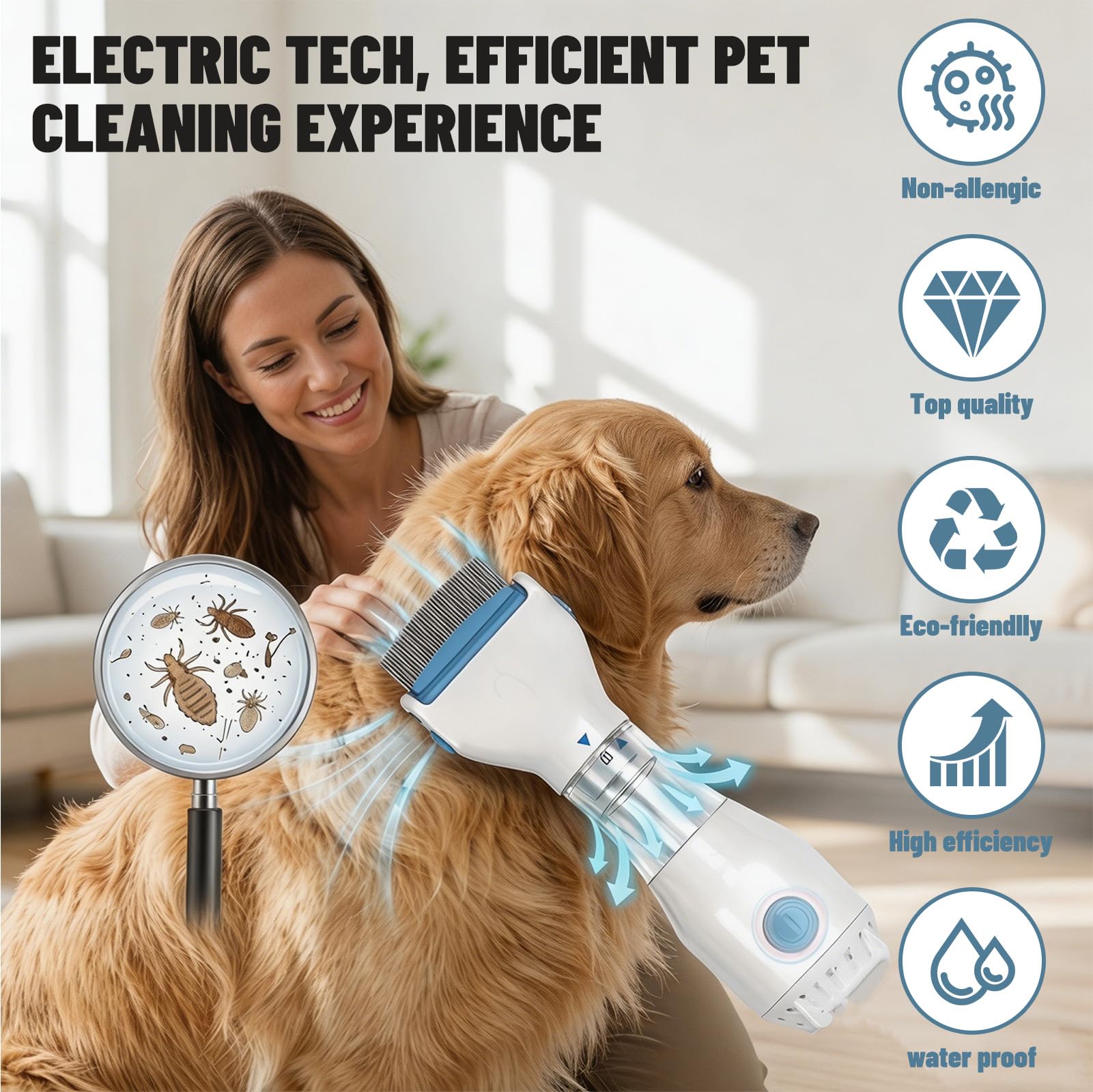 Peigne à puces électrique pour chien avec 3 sacs filtrants pour chiens et chats, anti-puces et tiques
