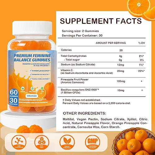 Miniatura 6 de Gomitas de equilibrio femenino prémium Probiótico para el equilibrio del pH y el control de olores para la salud vaginal, sabor natural a naranja