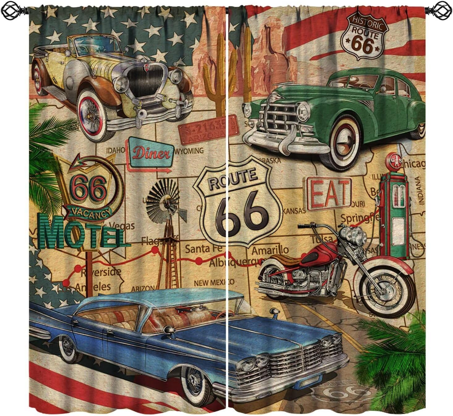 Route 66 Road Blackout Curtains,Rustic Vintage Classic Car Motorcycle Biker Country Western Retro Man Cave Pattern Drapes Window 2 Panel Rod Pocket Curtain for Bedroom Living Room Decor 21"W X 45"L