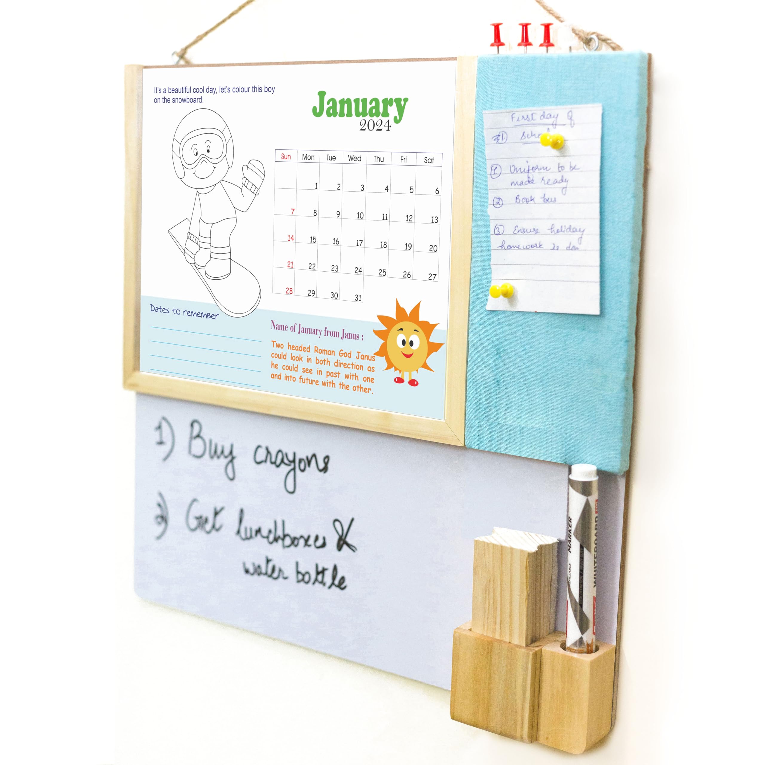 IVEI Kid's Wood Activity Calendar with a Whiteboard and Pin Board (Blue)-image-45