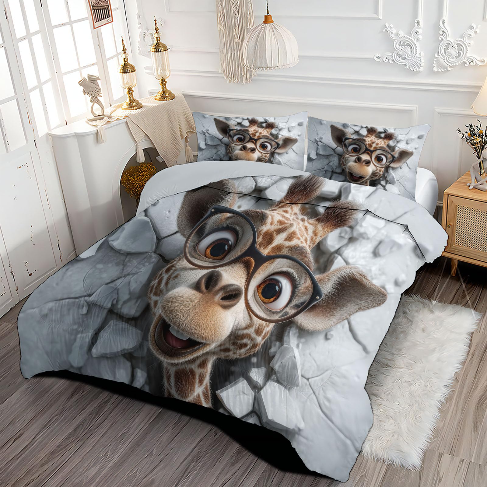 Edredon Cama 135/150 Jirafa Feliz A Través La Pared Estampado Infantil, Edredón Nórdico 4 Estaciones 240x220cm, Colcha Transpirable De Microfibra Lavable Lindos Animales, 2 Fundas De Almohada