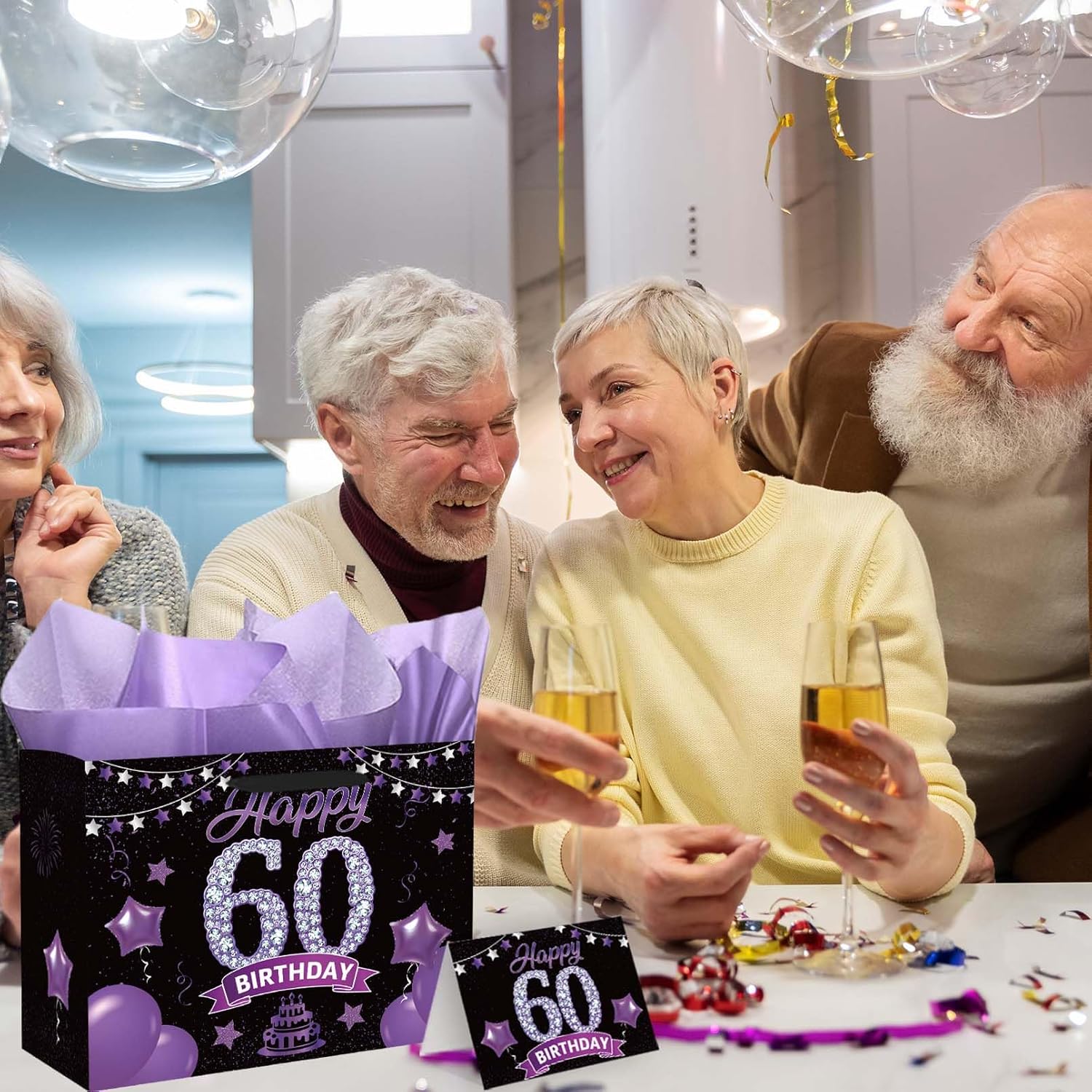 SolarGlory Black Purple 60th Birthday Gift Bag With Handles Includes Greeting Card and Tissue Paper for Women Men Birthday Party Decorations Supplies Anniversary Party Favors - Image 7