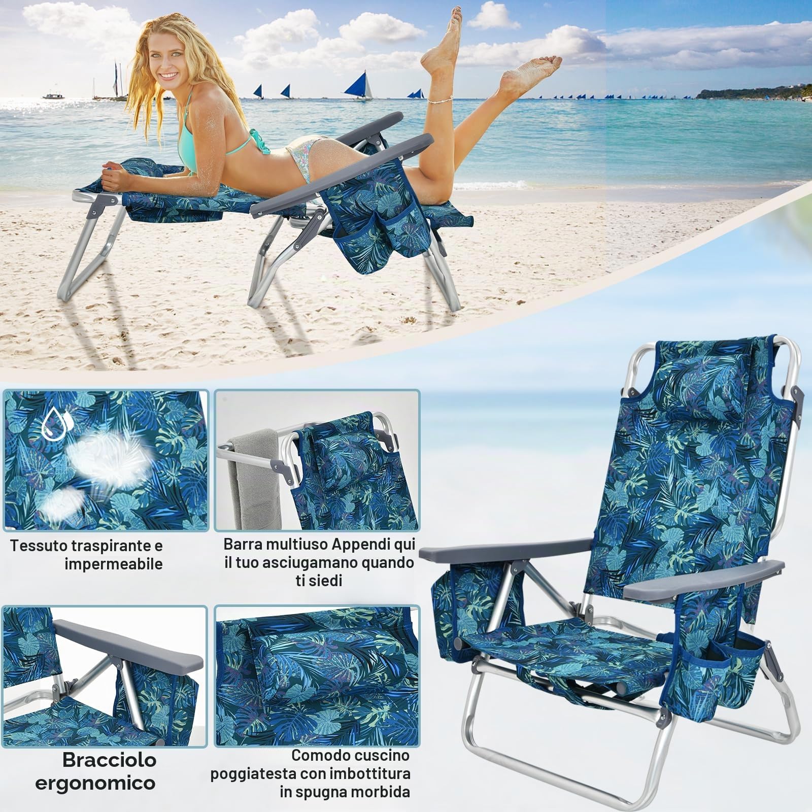 KOMFOTTEU Set di 2 Lettini Prendisole Pieghevoli e Tavolino, Lettini da Spiaggia con Poggiatesta e Schienale Regolabile, Sedie Sdraio Portatile con Borse Laterali per Giardino, Piscina (Blu Marino)
