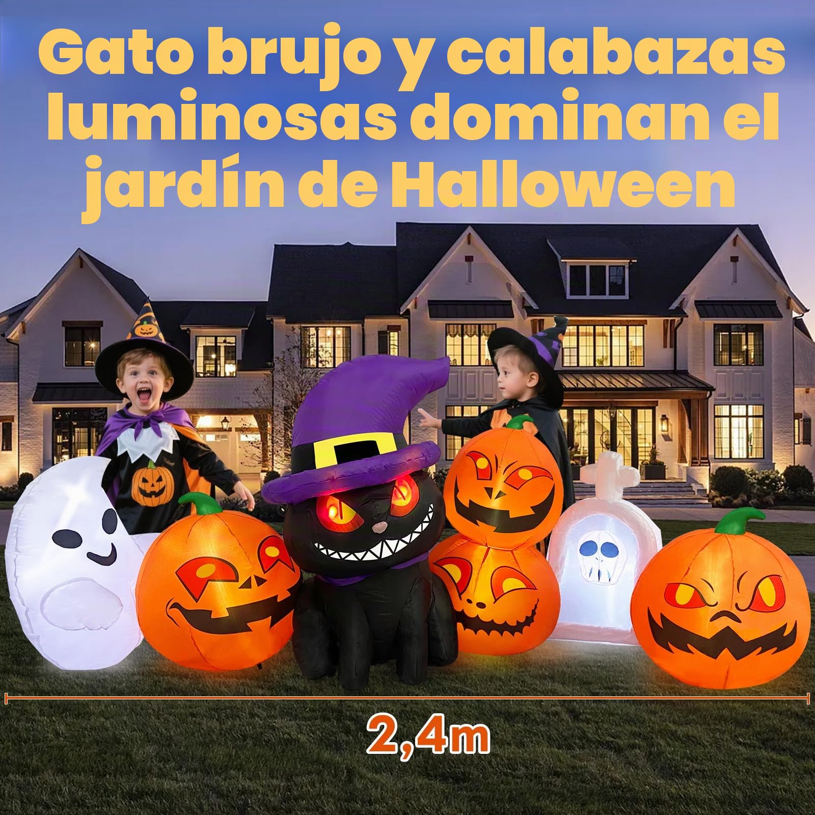 Danxilu Calabazas Hinchable Halloween 2,4 m con Fantasma y Gato Negro