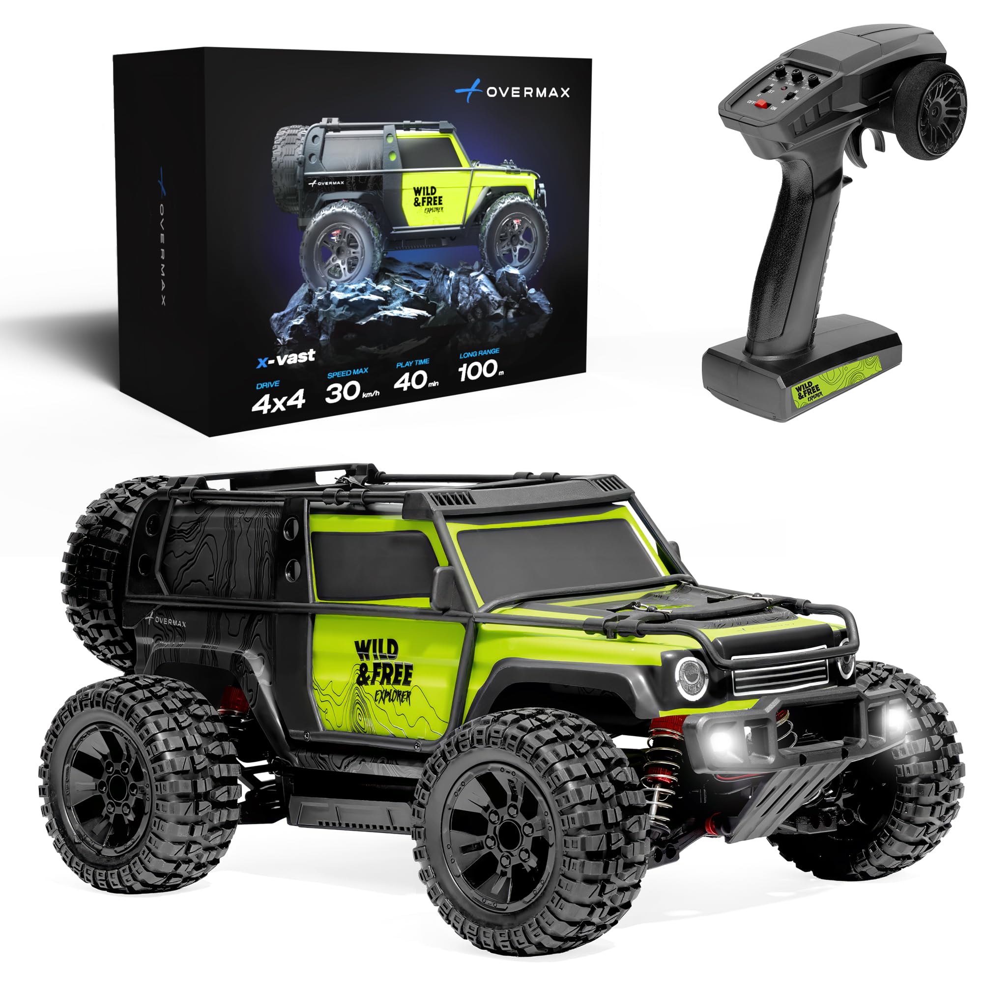 Lionelo Overmax X-Vast zdalnie sterowany samochód 4WD 1:10, 30 km/h Offroad RC, 2,4 GHz, 40 min z 2 akumulatorami, tłumikiem oleju, LED, jazda na dwóch kołach, Crawler dla dzieci 8+ i dorosłych