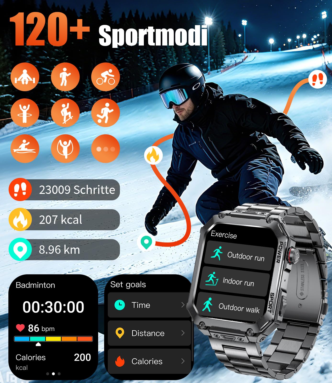 LIGE Smartwatch Herren mit großem 2,01" HD-Bildschirm, 3 Armbänder, Bluetooth-Anrufe, Herzfrequenz & SpO2-Messung, 120+ Sportmodi, IP68 wasserdicht Sportuhr iOS/Android, Schwarz