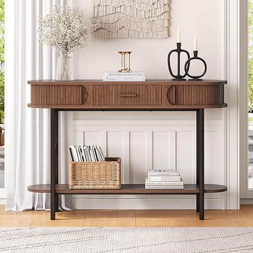Miniatura 6 de ONBRILL Mesa consola acanalada de 47 pulgadas con cajones, mesa de entrada con almacenamiento, mesas de sofá ovaladas detrás del sofá, mesas de
