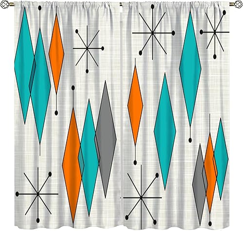 Cortinas modernas de mediados de siglo, diseño abstracto de estrellas atómicas geométricas con patrón de diamante para dormitorio, sala de estar,