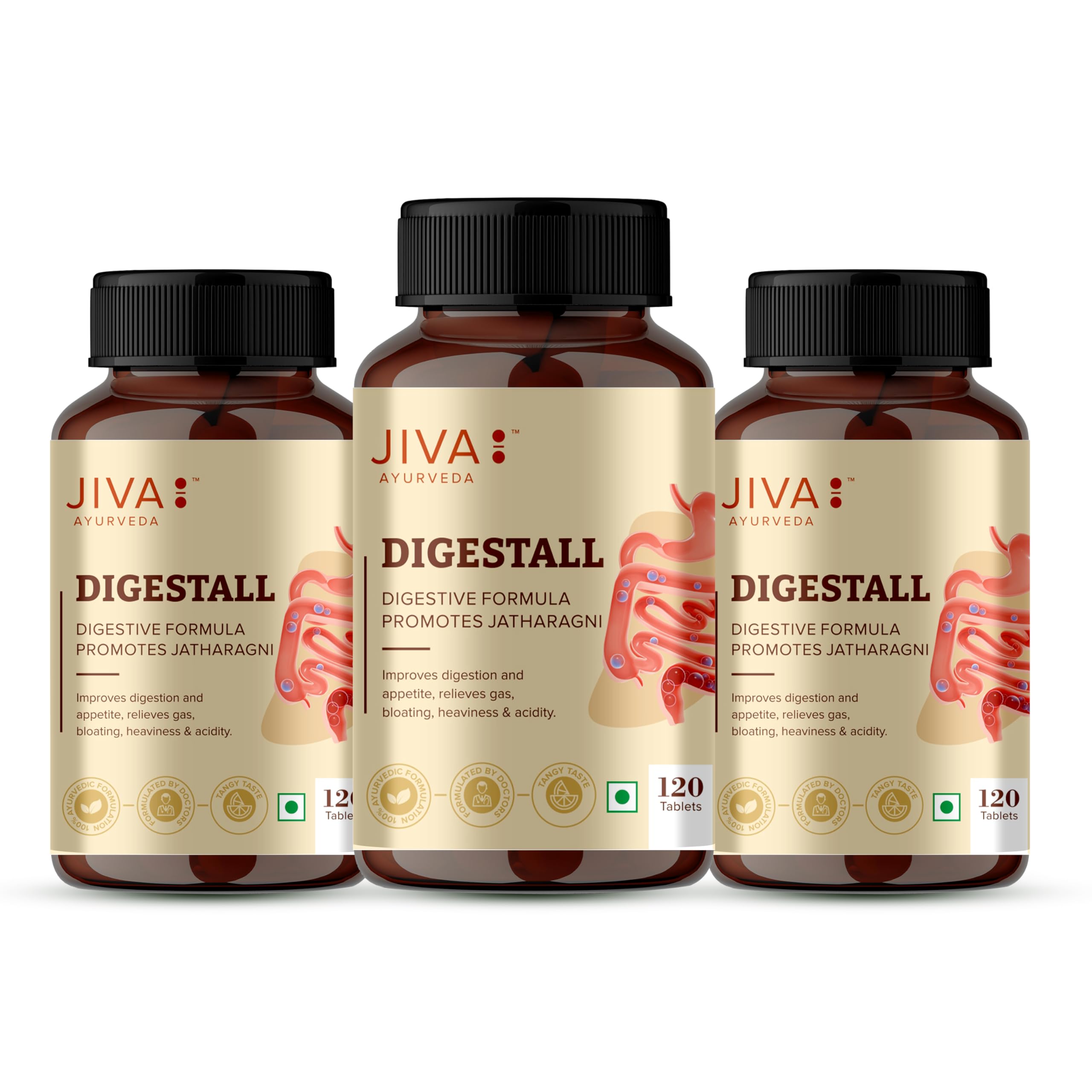 Jiva Digestall - 120 * 3 Tablet | Goodness Of Anardana, Maricha, Elaichi, Dhania | Helpful In Indigestion, Bloating & Acidity