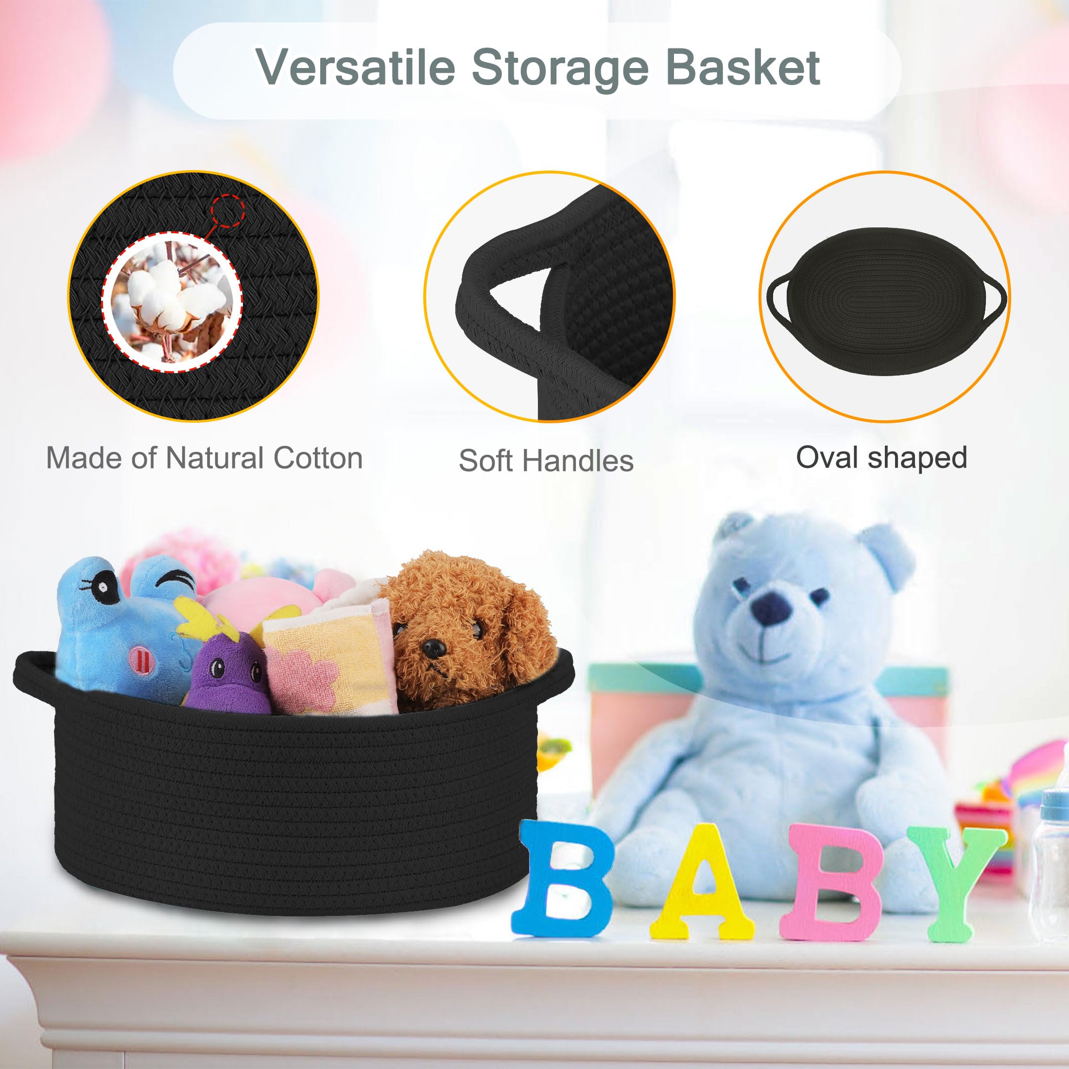 COMSE Small Woven Basket with Gift Bags and Ribbons, Gift Basket Empty, Cotton Rope Storage Organizer, Baby Toy Box with Handles, 12" x 8" x 5", Black