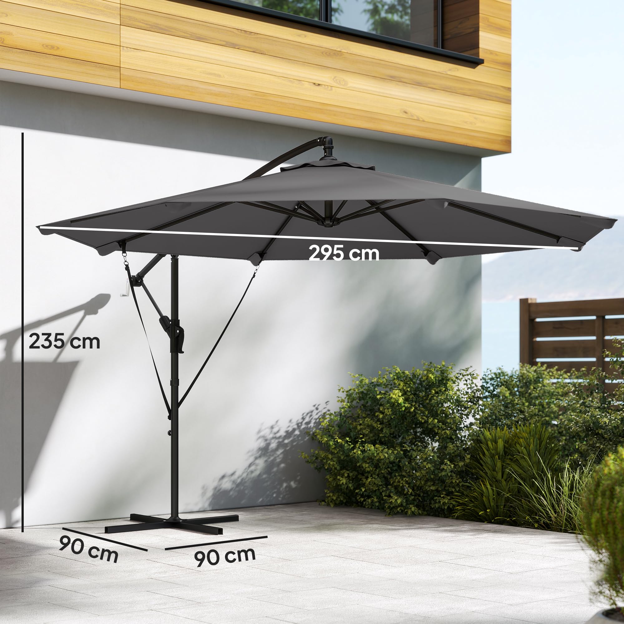 Outsunny Ampelschirm ca. Ø300 cm Neigbar Sonnenschirm mit Kurbel Kreuzfuß Windseilen Schutzhülle, UV-Schutz Wasserabweisend Gartenschirm Marktschirm Kurbelschirm