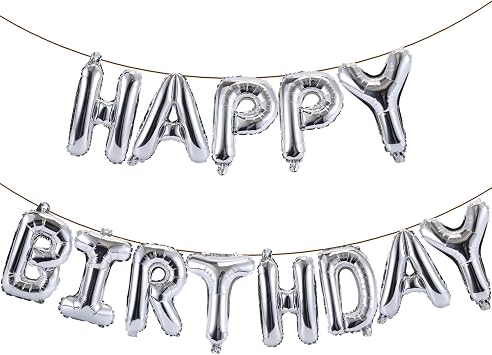 YPSelected Happy Birthday Balloons Banner 16 Inch Hanging Birthday Balloons 3D Silver Foil Letter Balloons for Kids and Adults Birthday Party Decorations Supplies Silver