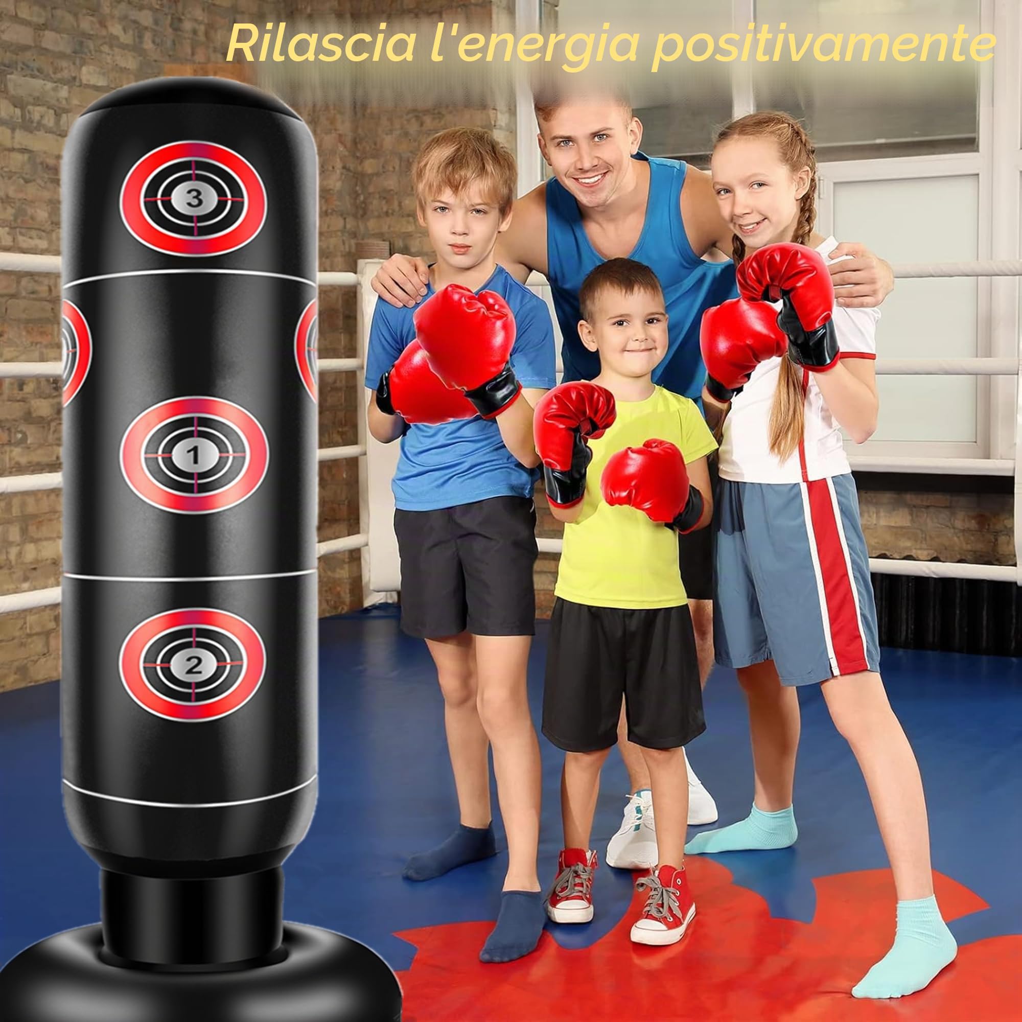 Sacco da Boxe Bambini con Guantoni da Boxe 160cm Sacchi da Boxe da Terra Gonfiabile Pungiball Regali per Bambini e Bambine dai 3 ai 12 Anni per Praticare Karate Taekwondo MMA