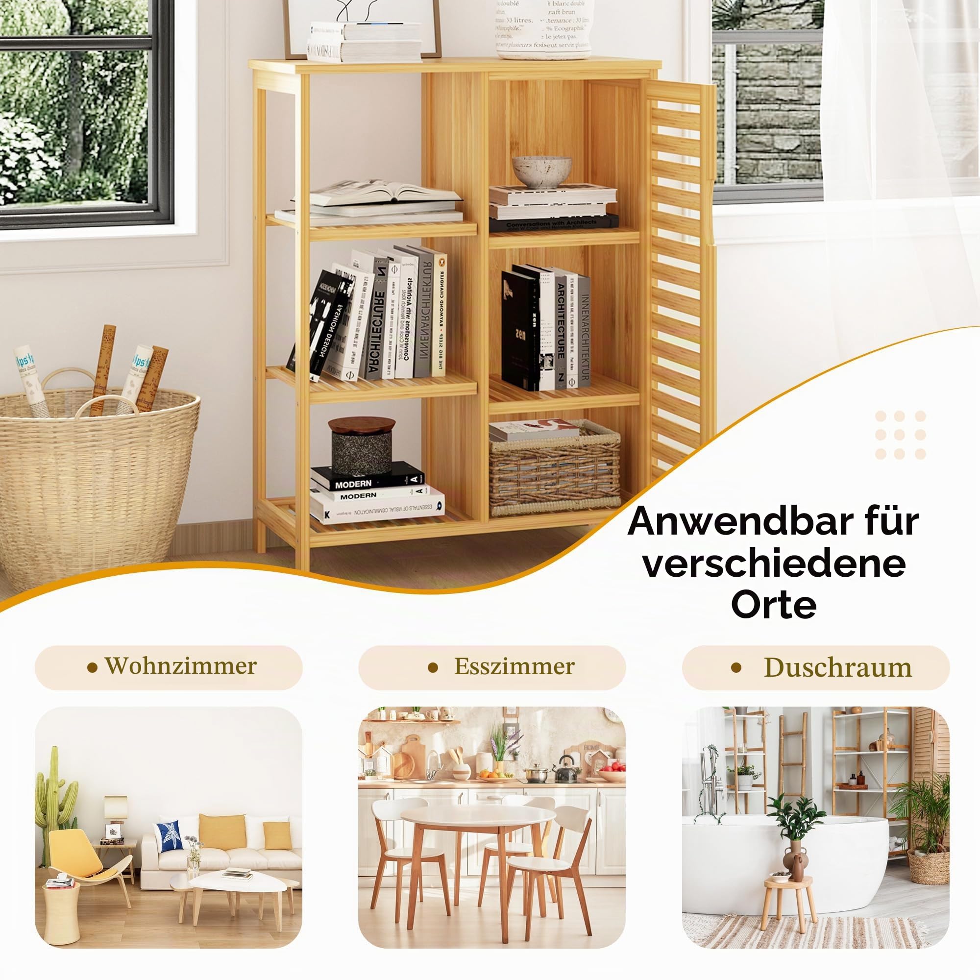 SogesPower Beistellschrank Badezimmerschrank mit Tür und Regalen, Freistehender Bambusschrank mit Lamellentür, 3-stufiger Aufbewahrungsschrank für Küche, Wohnzimmer und Badezimmer