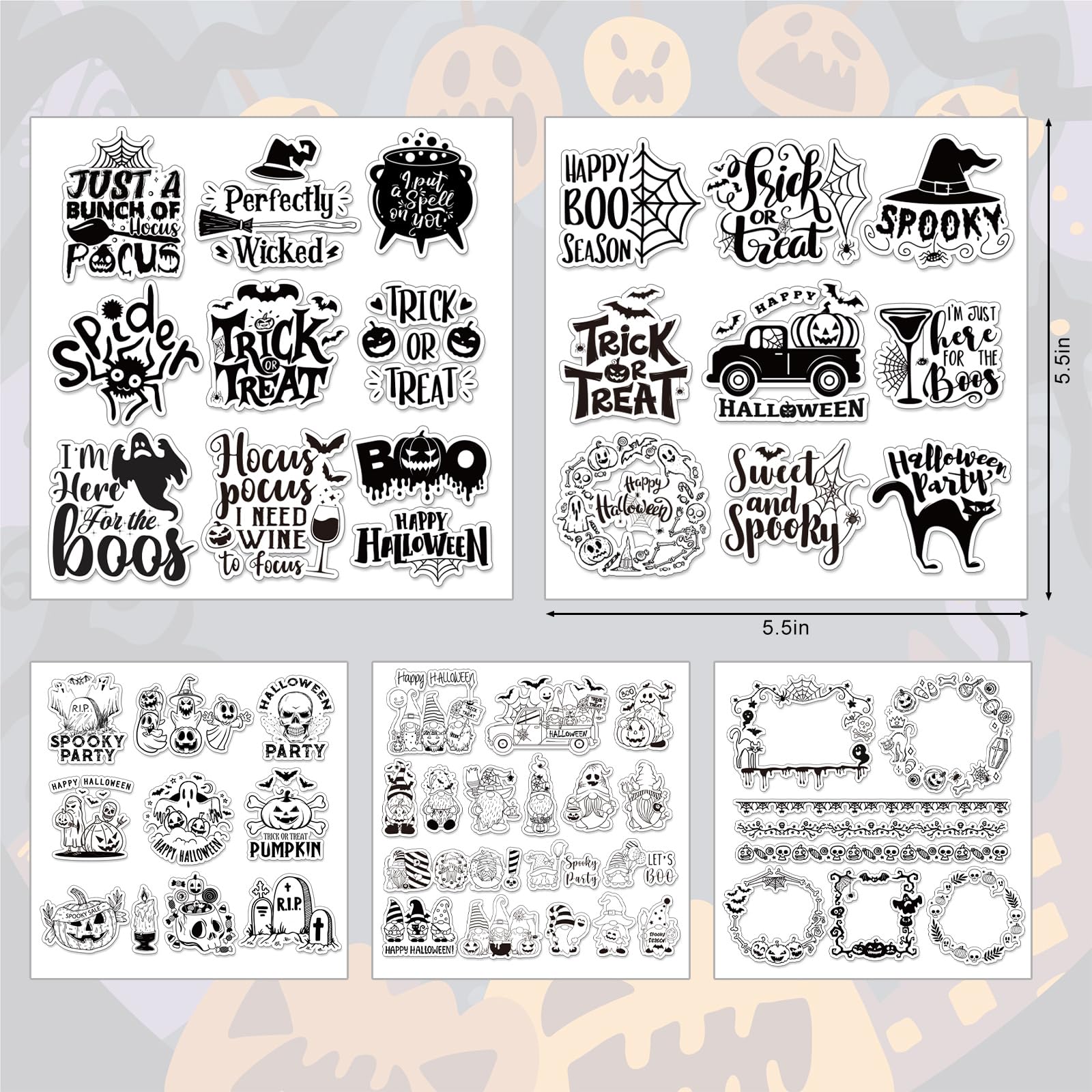 Whaline 5 Blatt Halloween Clear Stamps Gnom Kürbis Spinne Silikon Transparent Stempel Trick or Treat Border Stempel Karten für DIY Kartenherstellung Scrapbooking Prägung Album Dekor