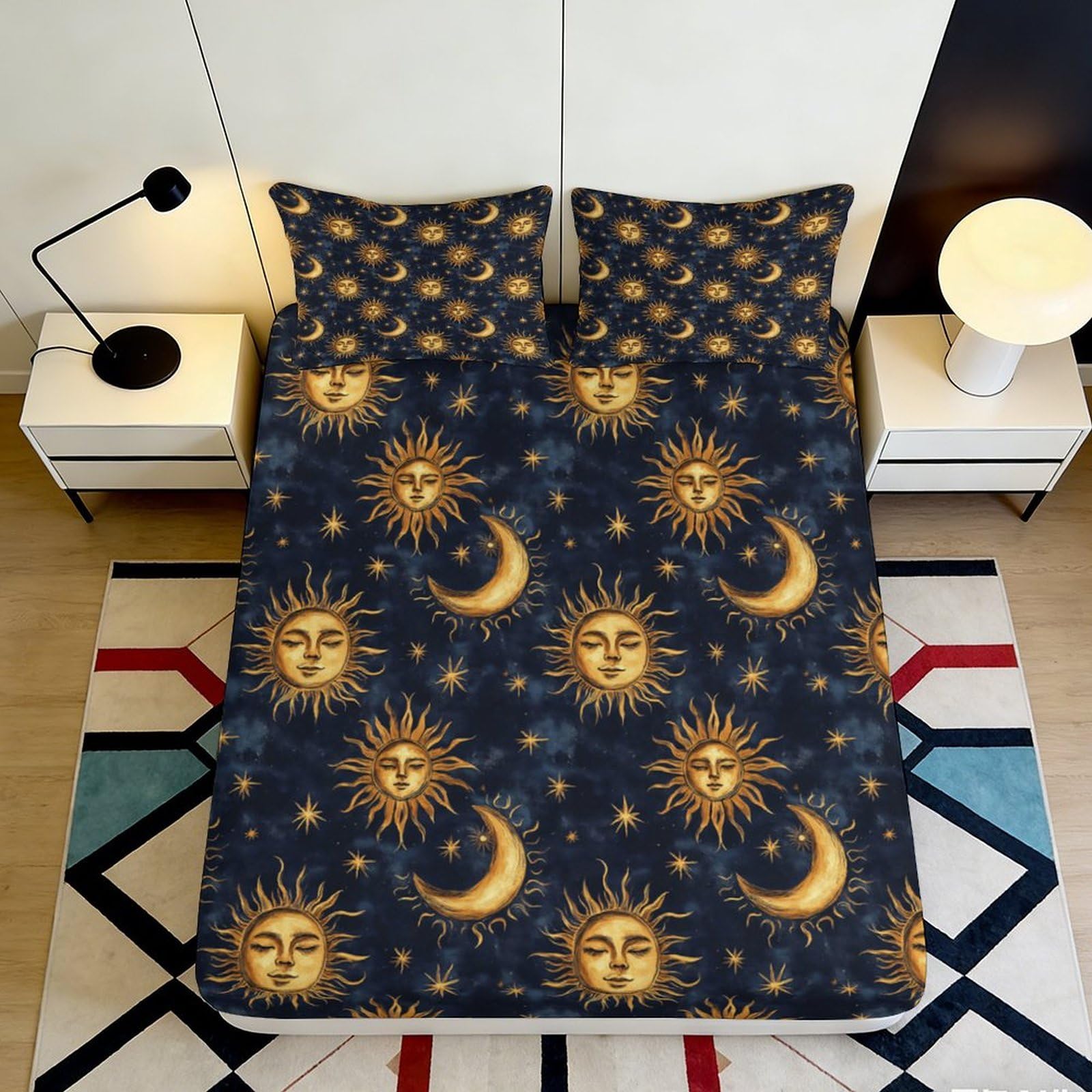 3D Printed Sun Moon Stars Fitted Sheet Microfiber Soft Breathable Cosmic Pattern Mattress Cover for Bedroom Dormitory Guest Room Protection Decor 140x200x25cm