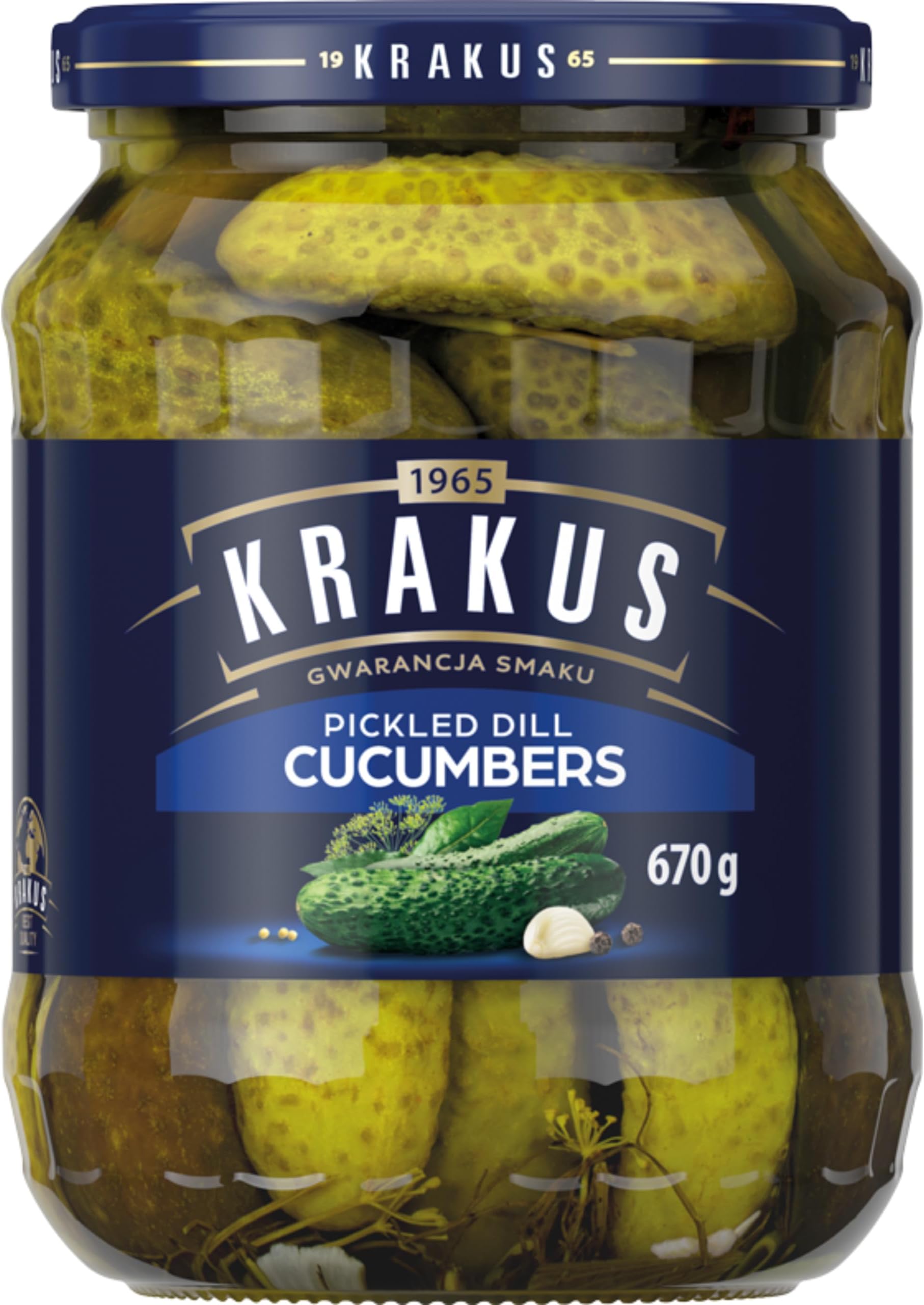 Krakus Pickled Dill Cucumbers - Sweet & Sour Taste - Crispy Gherkins - Delicious Condiment - Ready to Serve - 670g Glass Jar
