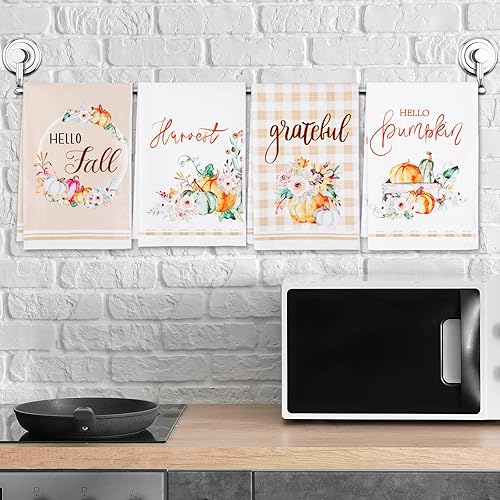 Miniatura 7 de Juego de 4 toallas de cocina de Acción de Gracias, toallas de mano absorbentes, decoración rústica de Acción de Gracias, calabaza amarilla tenue,
