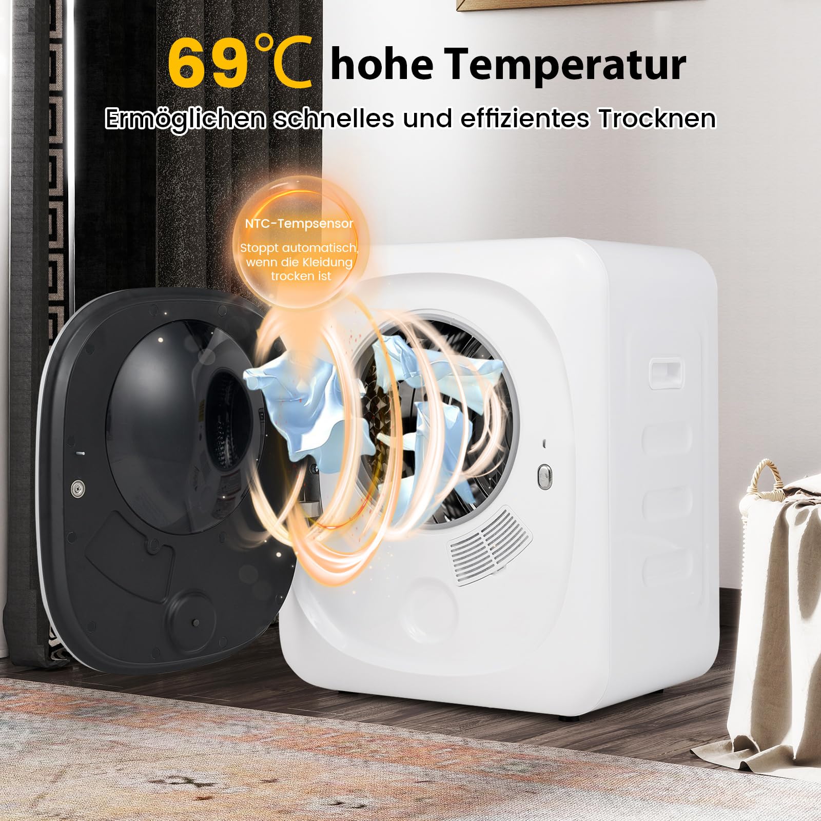 COSTWAY Mini Wäschetrockner 5KG, bis zu 69℃, LED Touch-Screen, Ablufttrockner mit Desinfektion & Desodorierung & Überhitzungsschutz, Mehrfachfiltration, 800W, 4 Temperaturen und 6 Timer