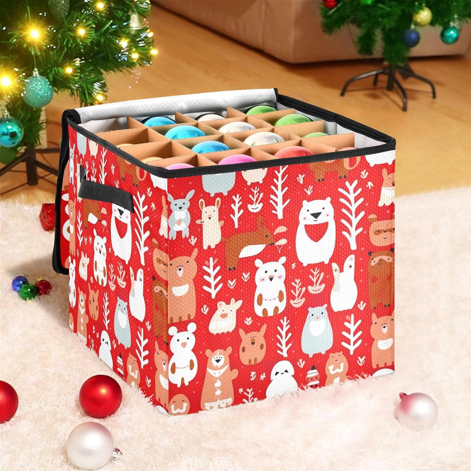 Christmas Cute Animals Christmas Ornament Storage Box for Next Season Holiday Decorations Storage Container with Adjustable Dividers & Lid Lidded Storage Bins for Organizing Decor Ornaments Balls