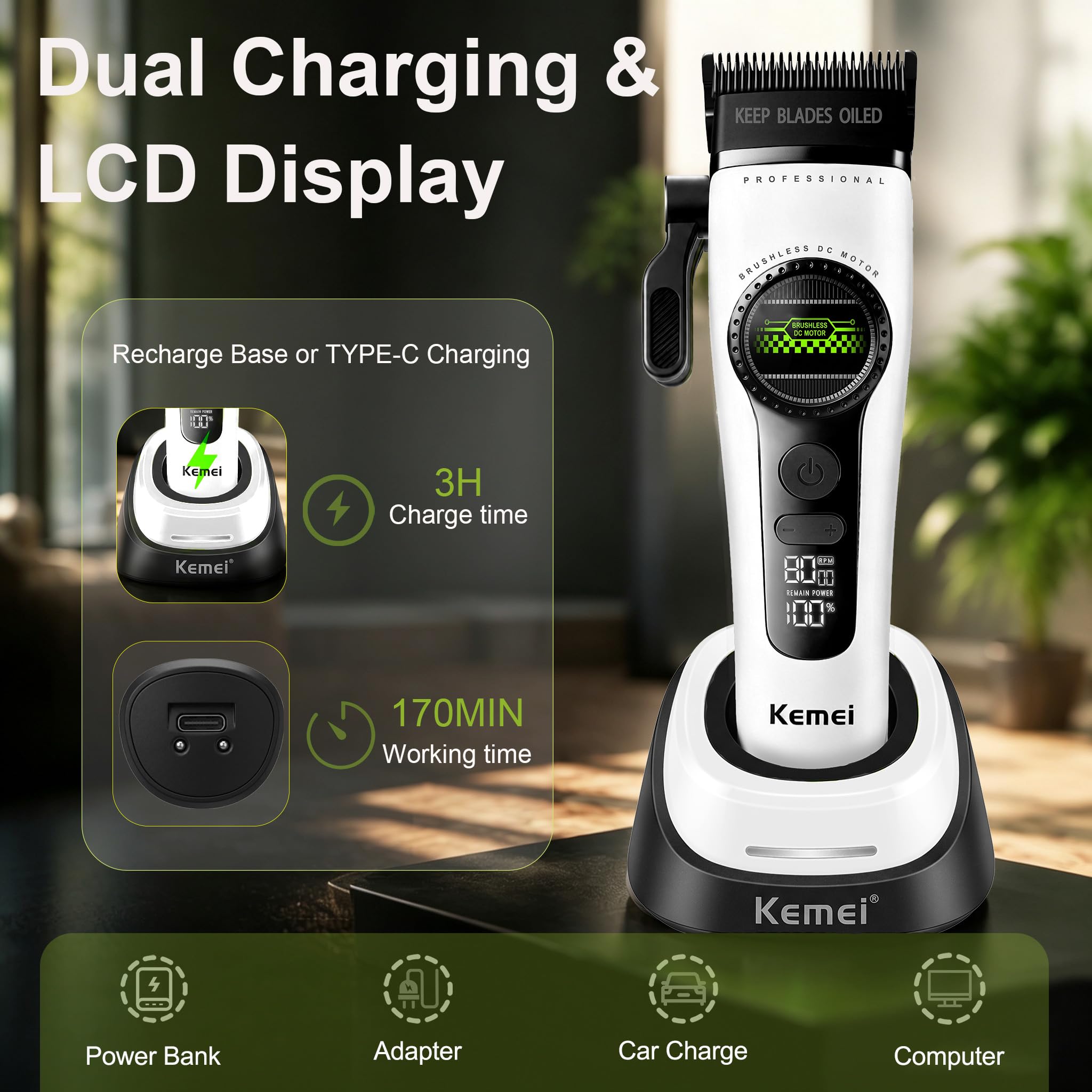 KEMEI 1593 Cortapelos Hombre Inalámbrico, Máquina Cortar Pelo Profesional | Motor Sin Escobillas,5 Velocidades,Doble Carga USB-C y Base,Cuchilla DLC-Cerámica-Perfecto para Autocorte y Regalo(Blanco)