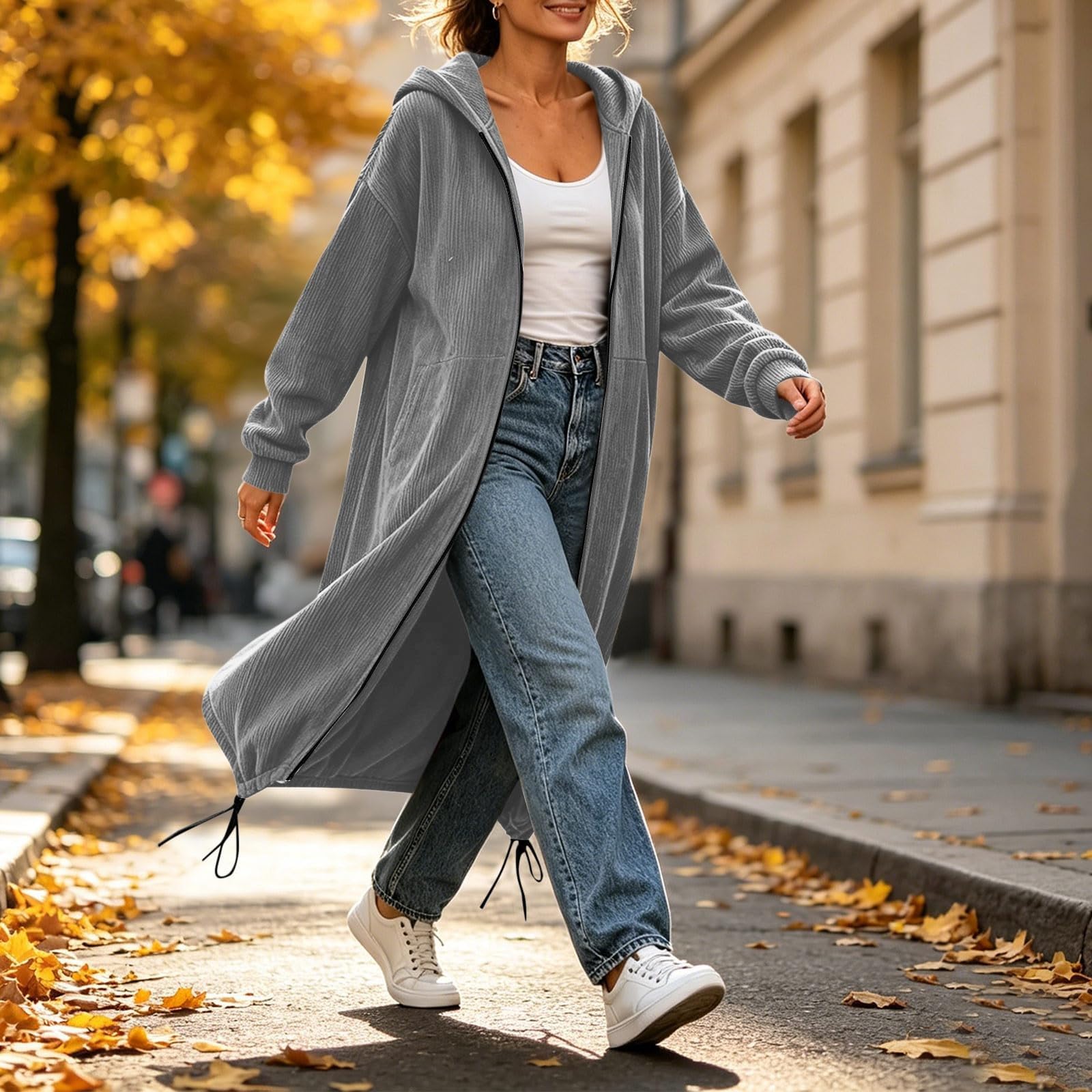 Damen Langarm Strickjacke mit Kapuze, Maxi-Länge
