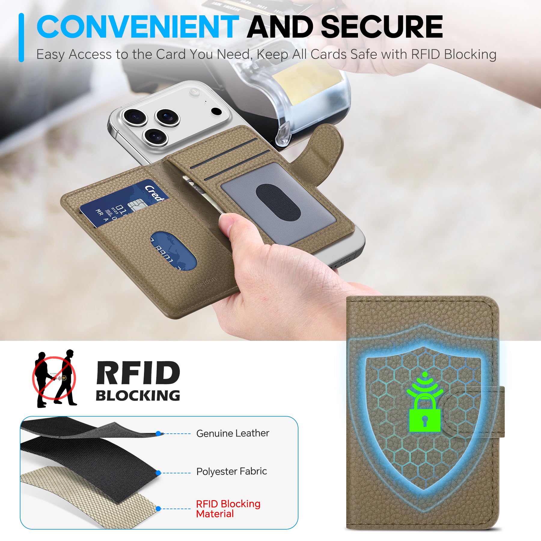 SHIELDON Tarjetero Adhesivo, Cartera Magnética de Cuero Genuino Extraíble [Bloqueo RFID][Ranura para Tarjeta] Leather Phone Wallet para iPhone Serie 17/16/15/14/13/12 - Grano de Litchi Caqui