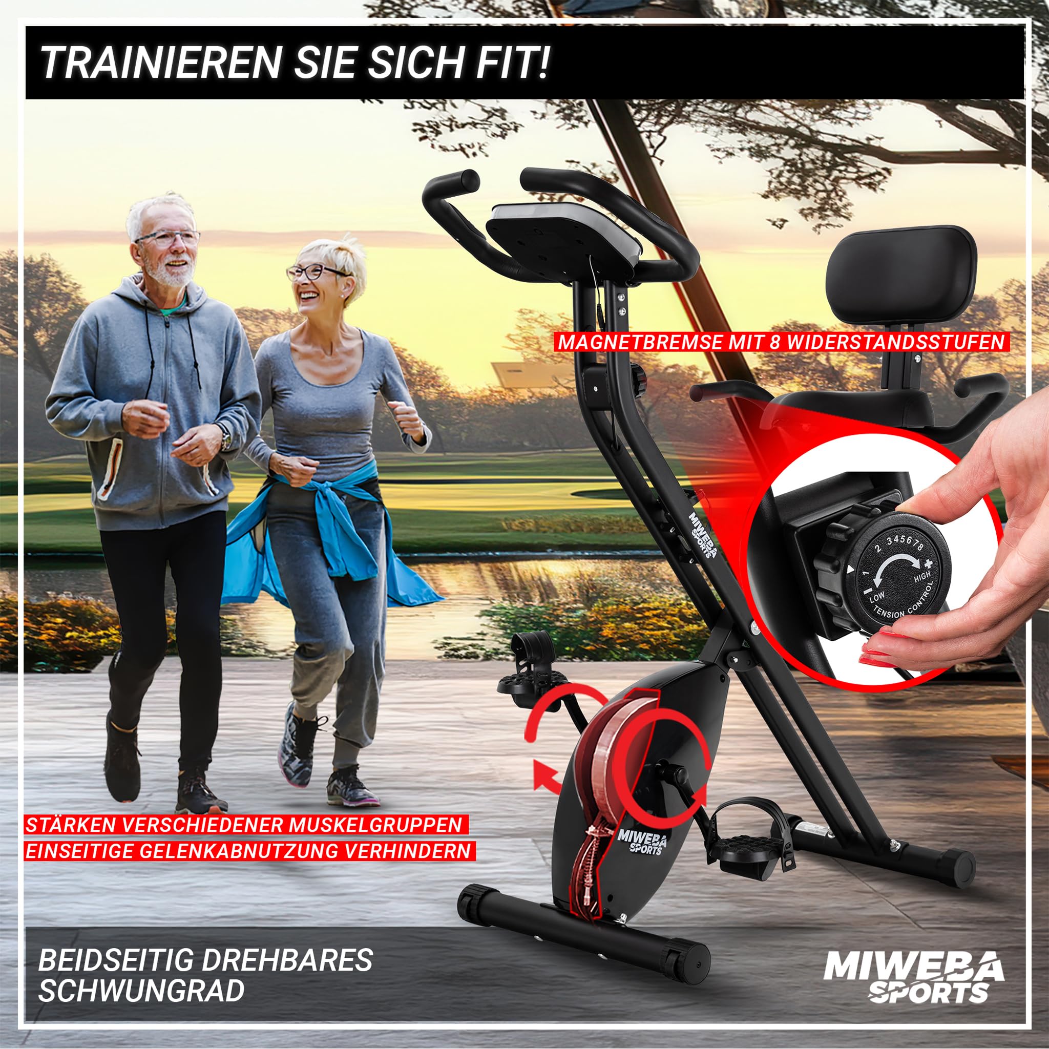 Miweba Sports Heimtrainer Fahrrad klappbar | Hometrainer leise bis 150 kg mit Komfort-Sattel | Ergometer Pedaltrainer Beintrainer Fitnessbikes Indoor Bike Home Trainer Fitness Fahrrad für Zuhause