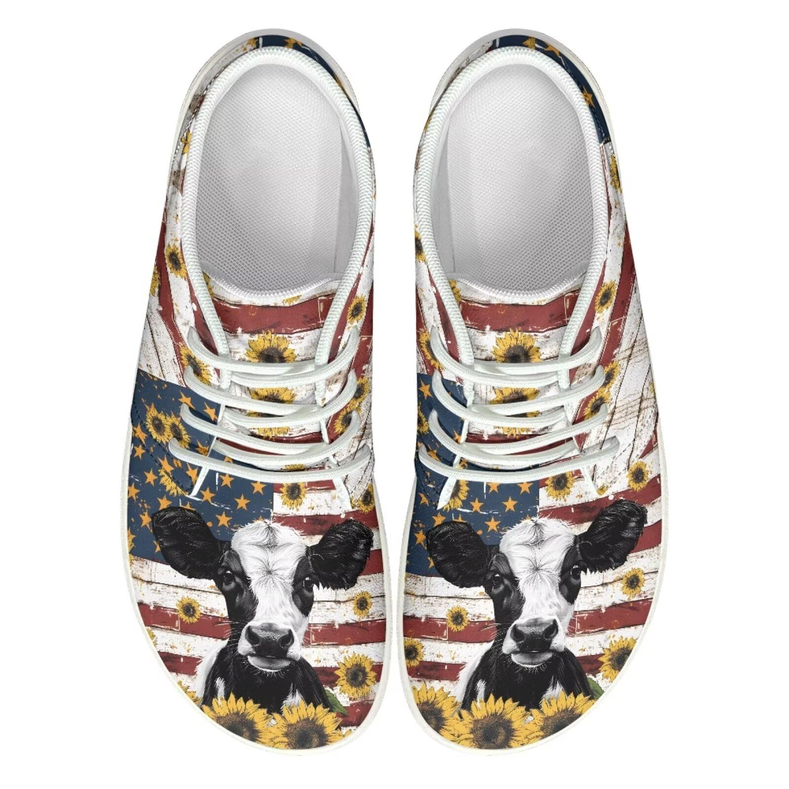 Fuxowvby Cow American Flag Non-Slip Barefoot Women Fashion Wide Toe Box Sneakers Workout Tennis Casual Comfortable Shoes Hiking Running Trail Lightweight Zero Drop Shoes White US Size 8
