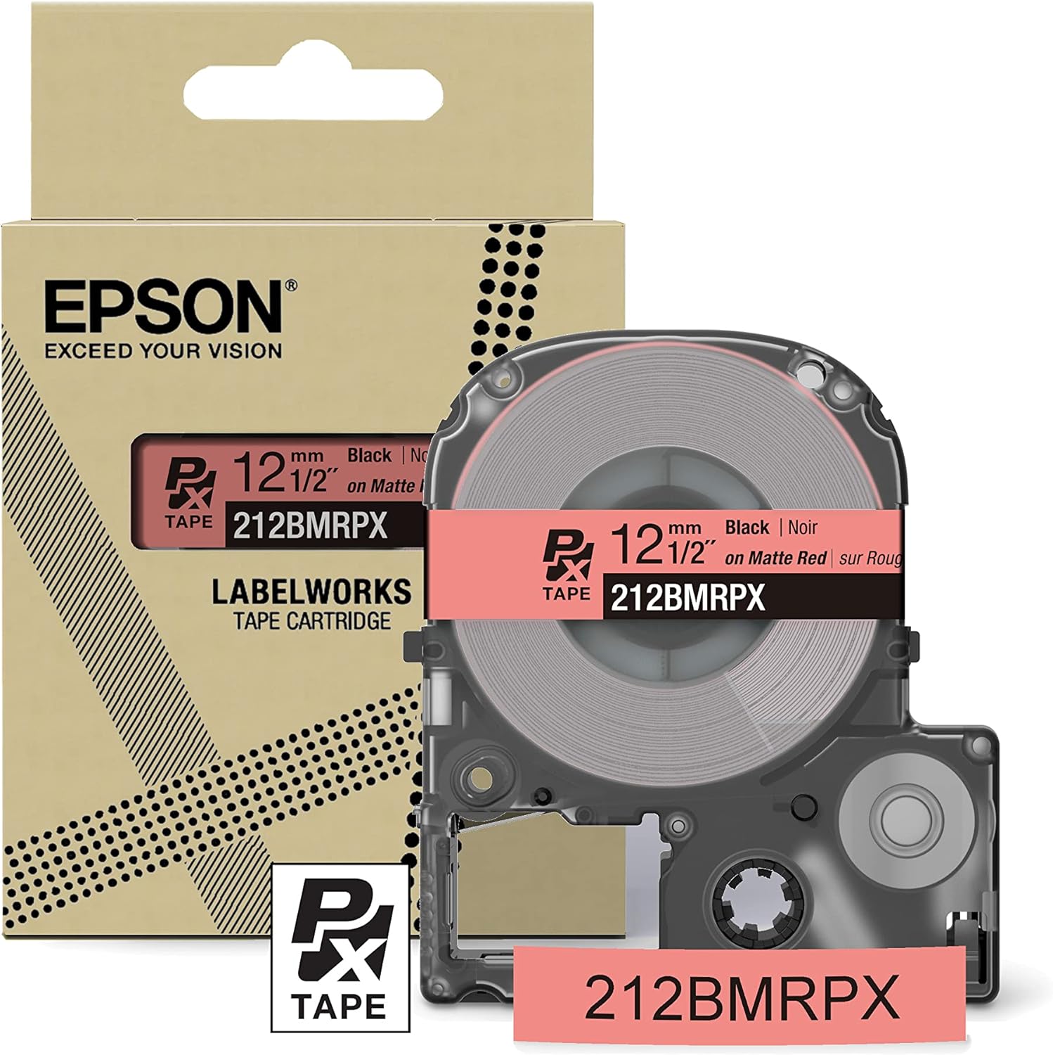 Epson LABELWORKS 212BMRPX Genuine PET (Polyester) Tape Cartridge - Black on Matte Red Designer Craft Label Maker Tape - 1/2" (12MM) Wide, 26'