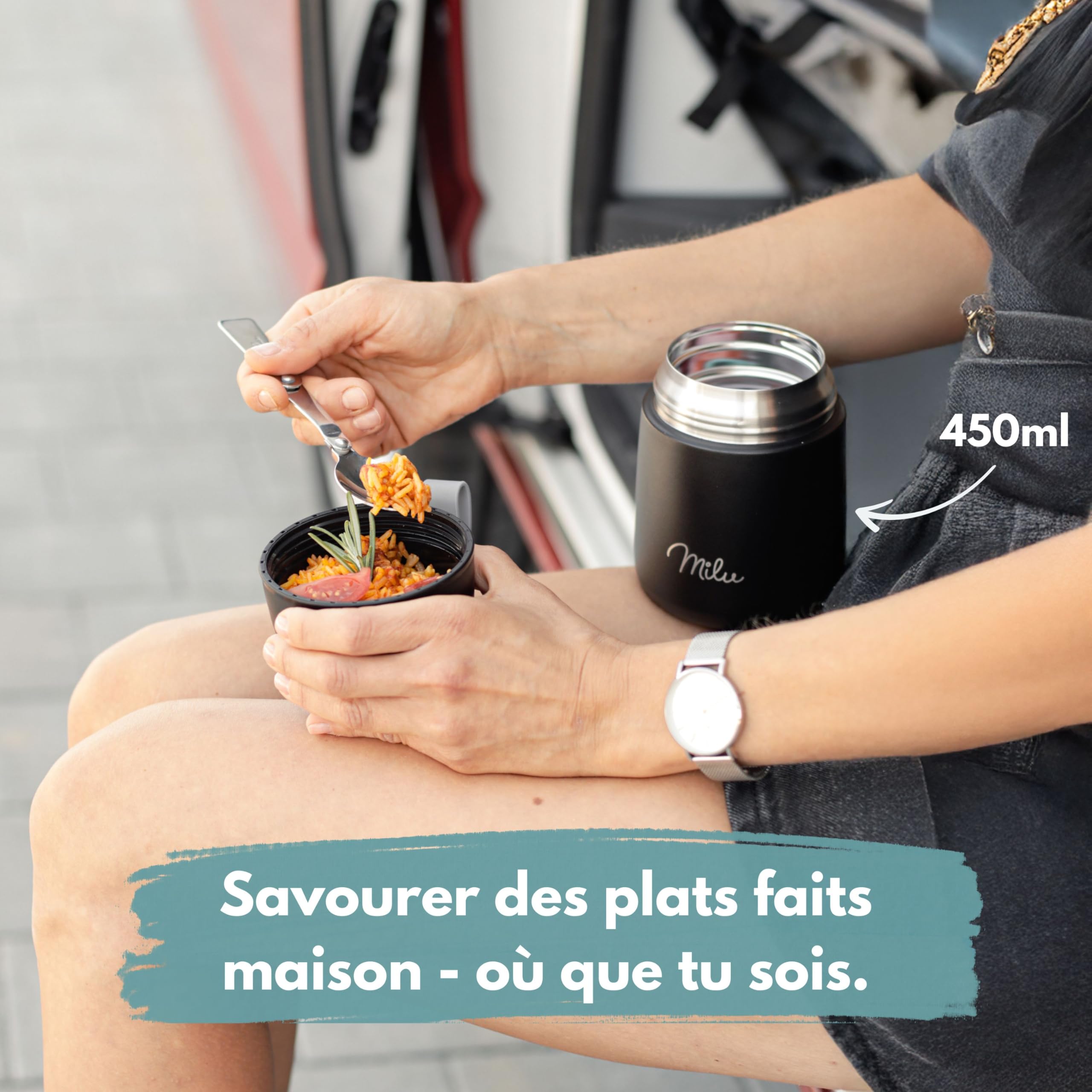 Milu Boîtes Alimentaires Isothermes 650 ml Boîte Isotherme Repas Chaud Porte-Aliments en Acier Inoxydable à Double Couche, Cuillère Pliante pour Ecole, Bureau (650ml/Vert Bleu)