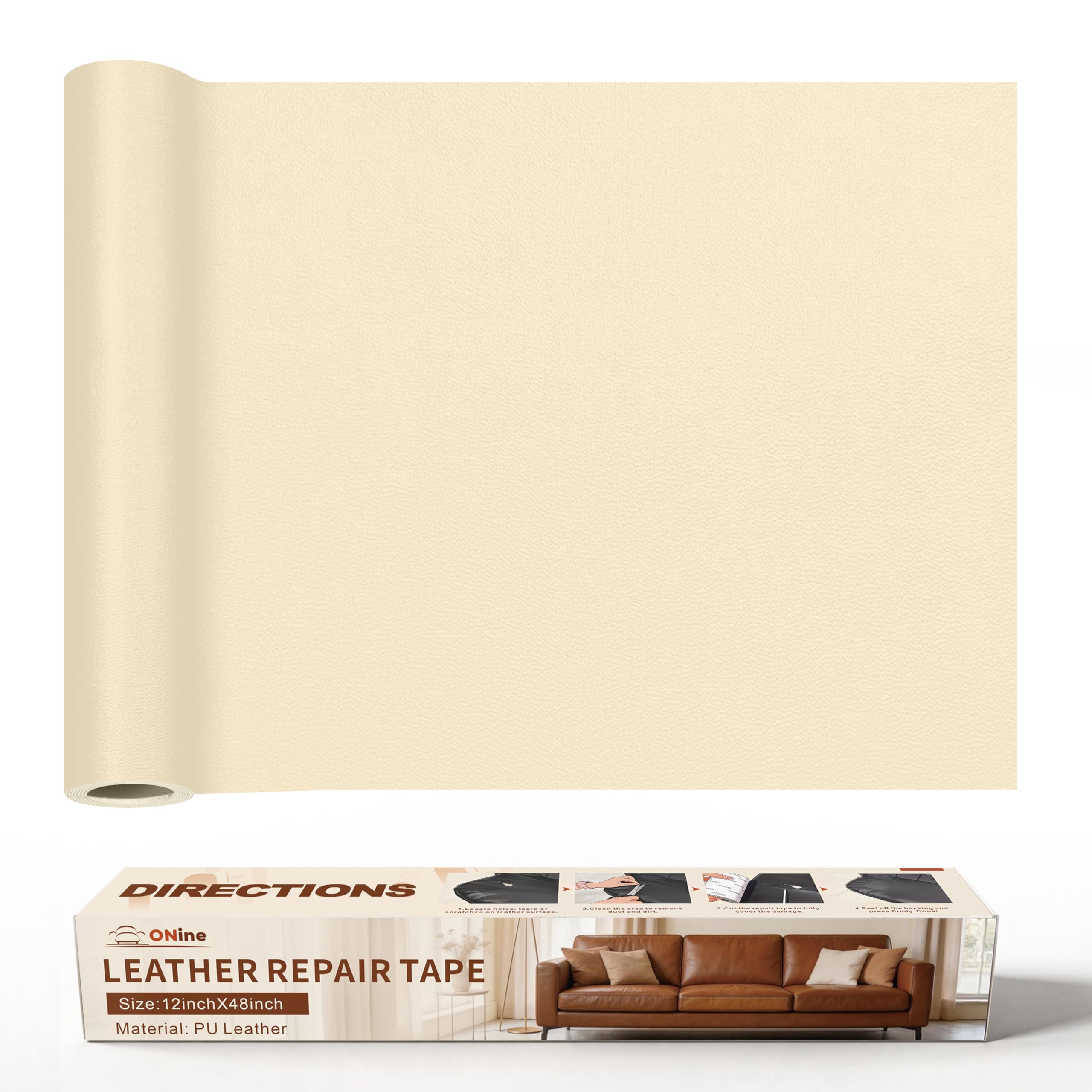ONine Leather Repair Tape,Self Adhesive Leather Repair Patch,Leather Patches for Furniture,Sofa,Car Seats,Office Chair. Vinyl Repair Kit 12x48in(White Khaki)