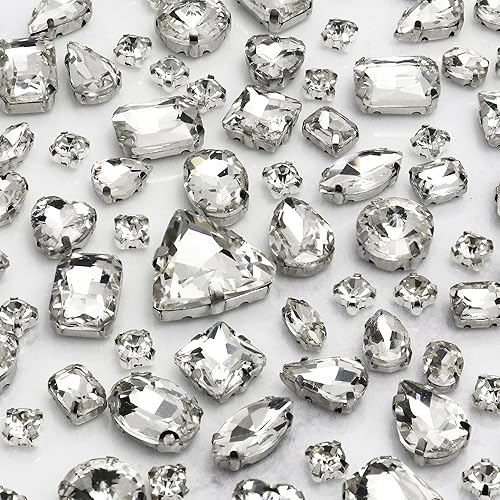 Dowarm 104 diamantes de imitación blancos para coser con formas mixtas, cristales para manualidades, piedras preciosas de metal con parte trasera