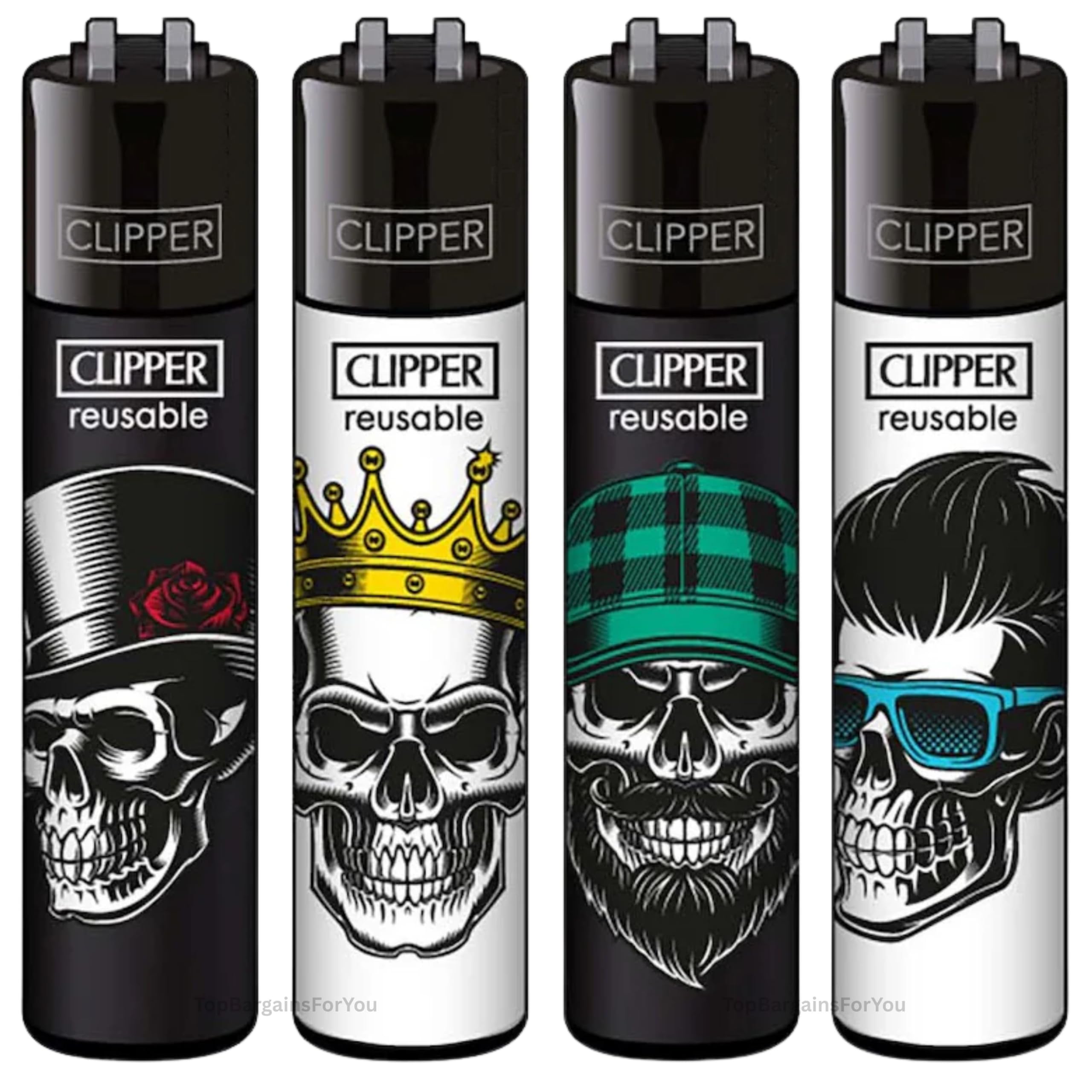 Zactly Mulricolour - 4 X Clipper Lighter Set Gas Refillable Windproof Lighters Standarad Size Replaceable Flint Rare Limited Edition (Skulls Heads 1)