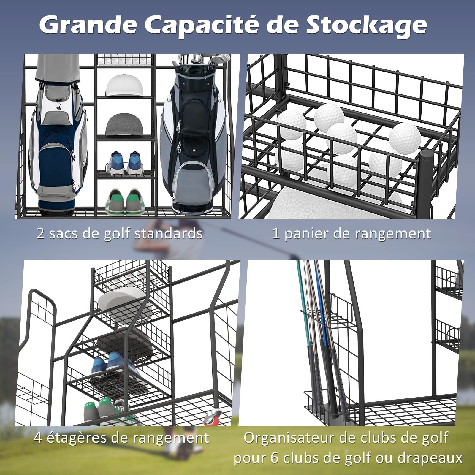 GOPLUS Organiseur de Rangement pour Sac de Golf en Métal Robuste, Support de Rangement pour Clubs de Golf avec Roues Verrouillables et Équipements de Golf, Étagère Latérales Amovibles, Noir