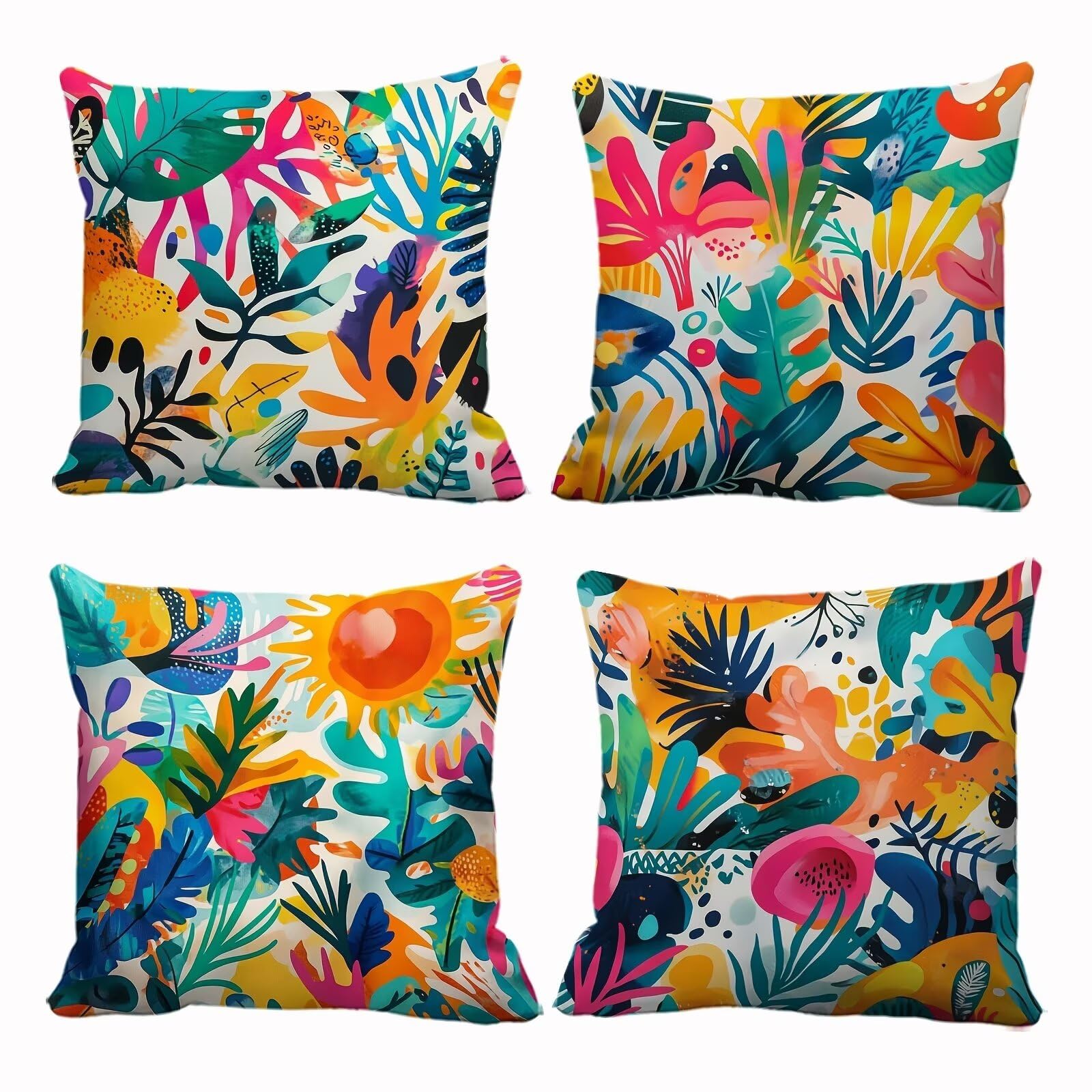 Fundas de Cojines 50x50 cm, Juego de 4 Fundas para Cojines Decorativas de Lino, Hojas Tropicales Abstractas, Fundas de Almohada para Sofá, Silla y Decoración de Interiores