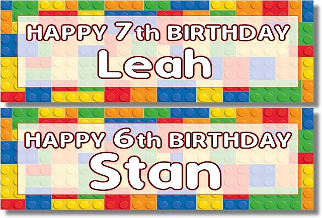 2 Personalised Birthday Banners - Building Blocks Design - Any Name & Any Age