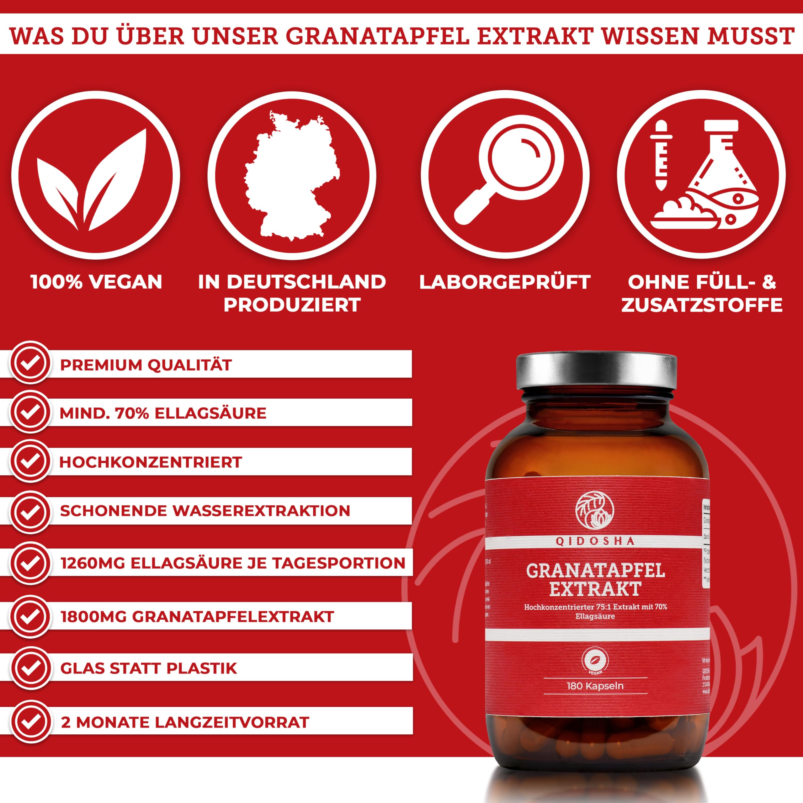 QIDOSHA® Granatapfel Extrakt Kapseln hochdosiert, 70% Ellagsäure, 180 Stk/Glas, 75:1 Premium-Extrakt mit 1800mg Granatapfel Extrakt je Tagesportion, vegan, deutsche Fertigung