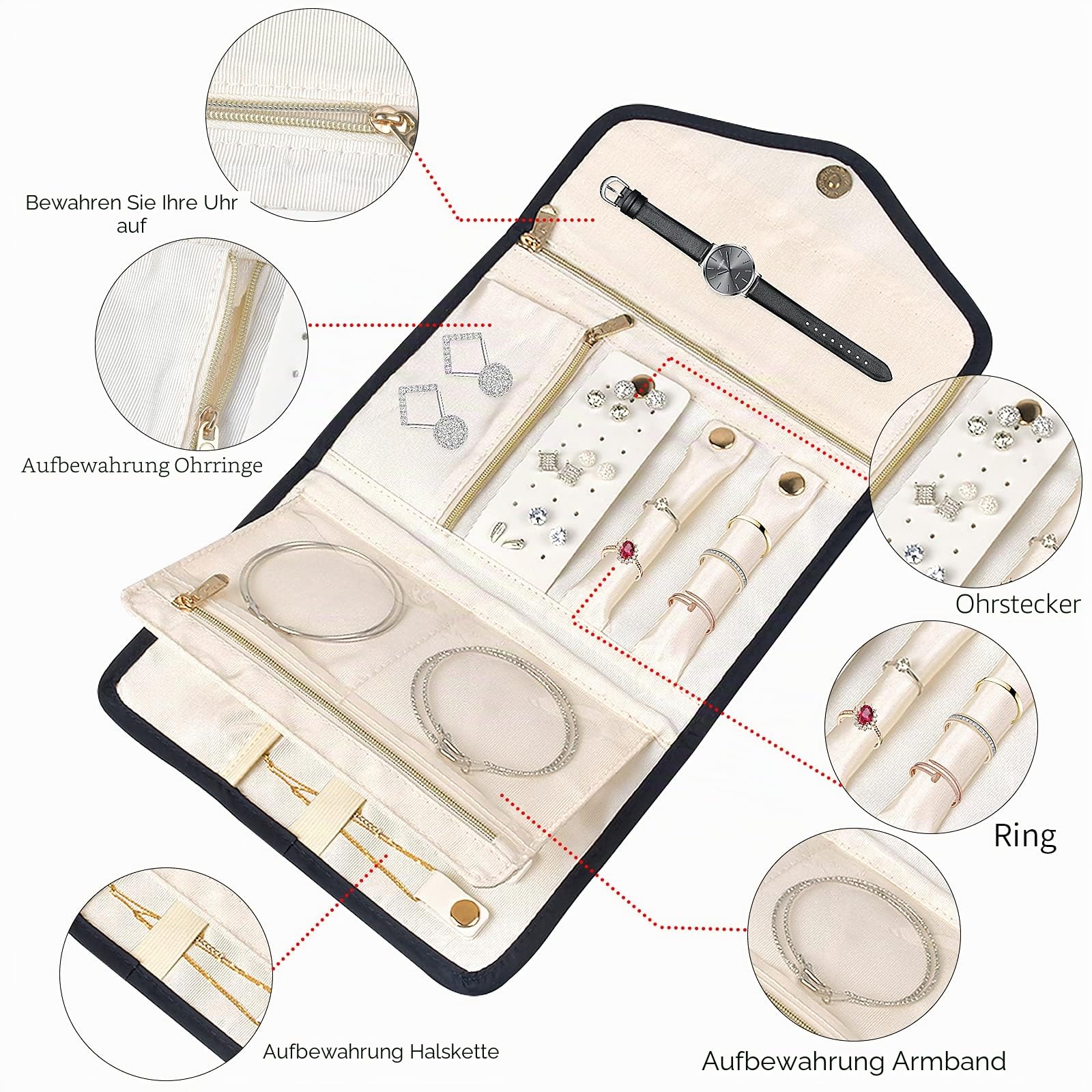 Tasche mit Schmuckrollen für Reisen, faltbar, Aufbewahrungstasche für Schmuck, Organizer, Schmuckbeutel, zur Aufbewahrung von Armbändern, Halsketten, Ringen