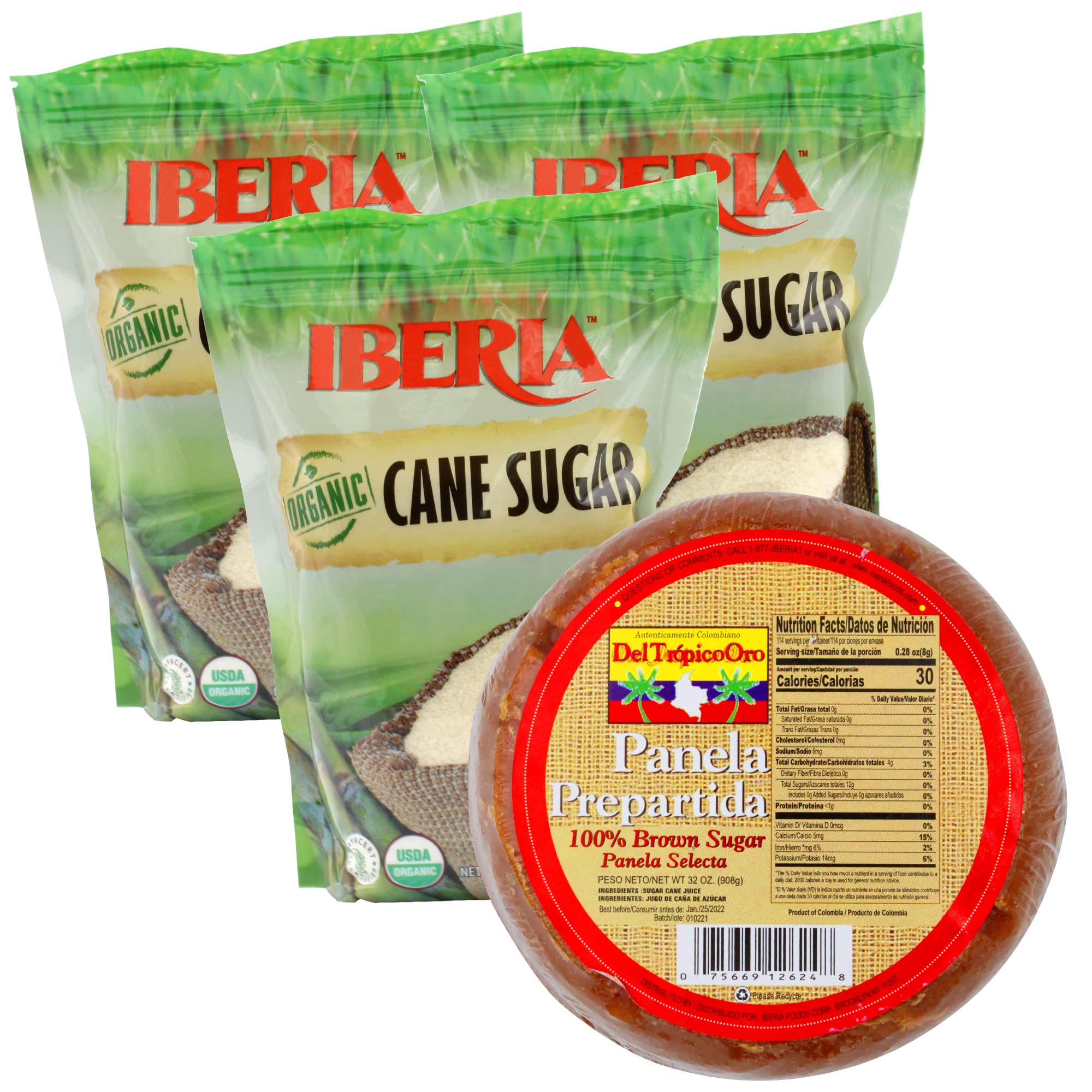 Iberia Organic Cane Sugar, 1.5 lb. (Pack of 3) + Iberia Panela Prepartida, 32 Ounce