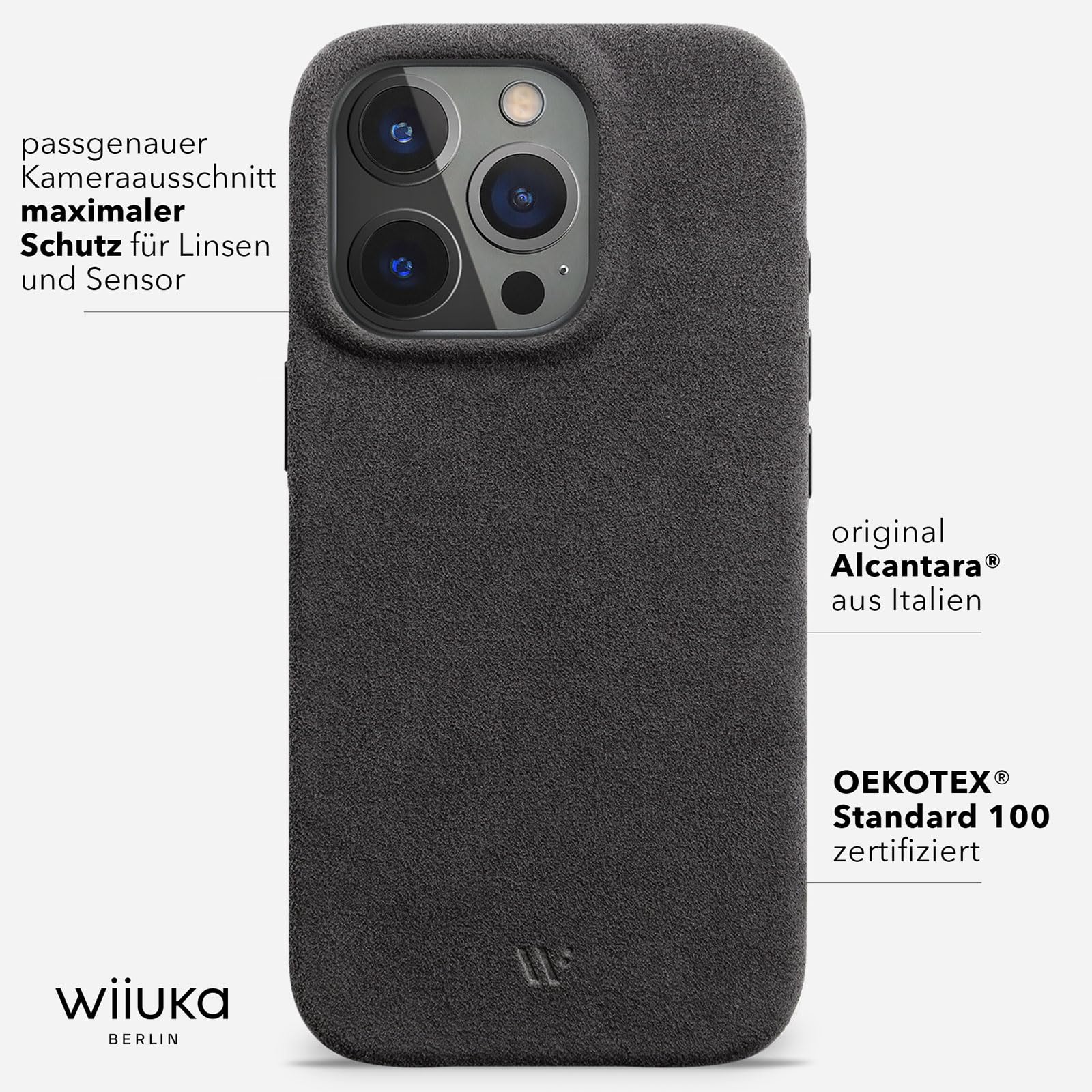 WIIUKA Etui do iPhone 15 Pro, oryginalne Alcantara, ręcznie wykonane, bardzo cienkie, premium etui na telefon komórkowy, Case, Qi, alternatywa dla skóry, skiin Alcantara, szary