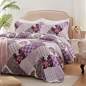 King Size Quilt Set 3 Pieces Lightweight Reversible Bedspread-98''x106'' Soft Patchwork Floral Coverlet Luxurious Warm Microfiber Bed Cover All Seasons Purple Bedding Set(1 Quilt,2 Pillow Shams)