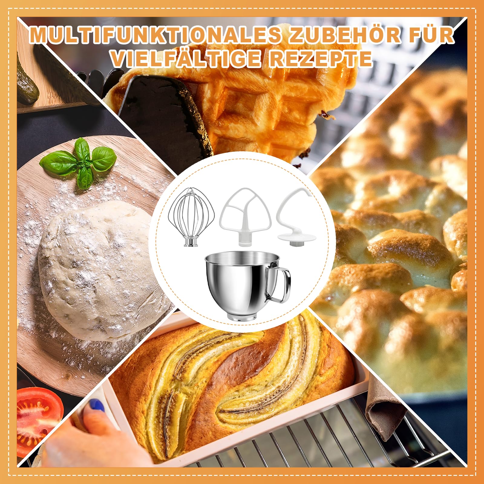 4-teiliges Rührwerkzeug Set, passend für 4.5-5 Quart Standmixer, Bestehend aus Drahtschneebesen, Flachrührer, Knethaken und Rührschüssel, Ideal für die Zubereitung verschiedener Speisen