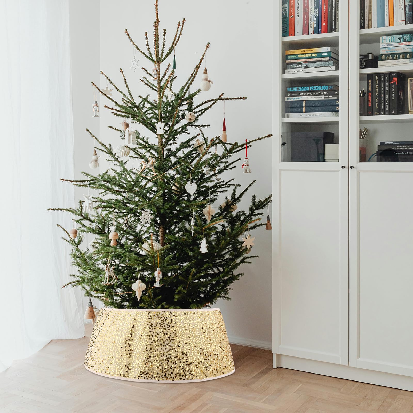 Collana per albero di Natale con paillettes scintillanti - Gonna e anello per base albero - copertura decorativa (oro)