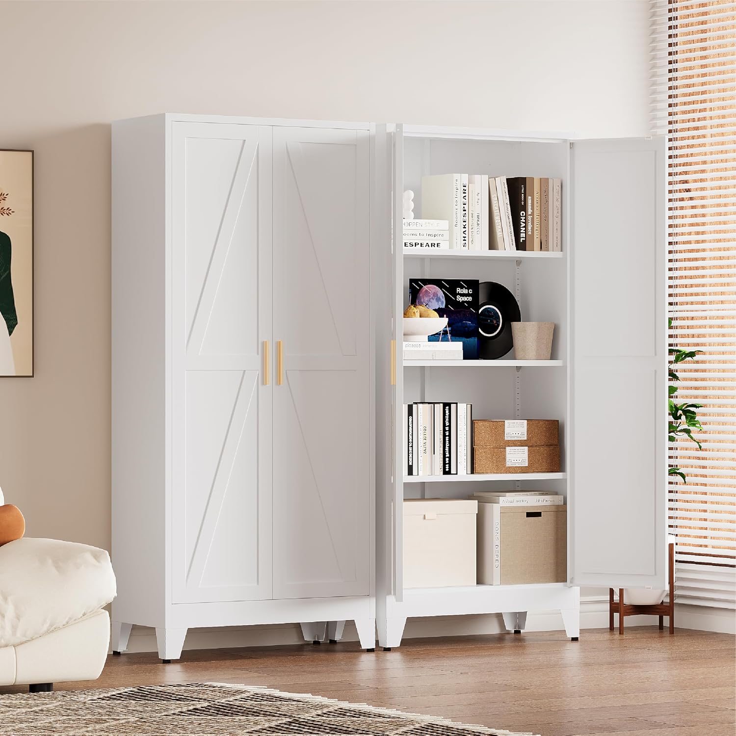 Kitchen Pantry Cabinet, 61”H Metal Pantry Storage Cabinet with 2 Doors & 3 Adjustable Shelves, White Kitchen Cabinet, Tall Freestanding Cupboard for Kitchen, Dining Room, Living Room