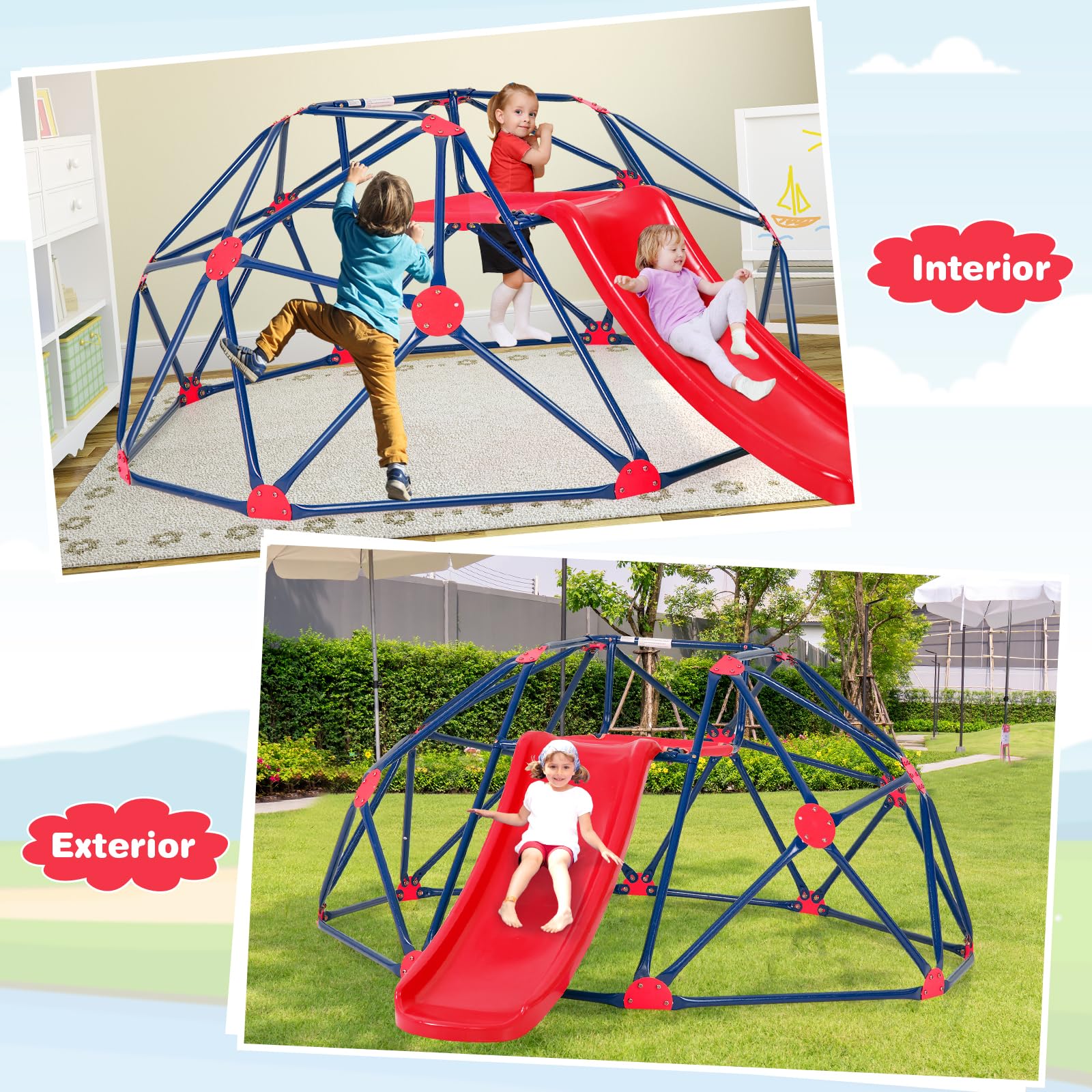 COSTWAY Cúpula de Escalada, Juego de Cúpula Geométrica con Tobogán Resistente, hasta180 KG, Cojín de Tela, Niños de 3-10 Años, Patio, Jardín, Parque (Rojo)